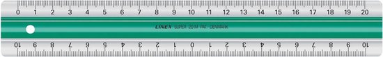 Een 20 cm lange Linex liniaal met een zilverkleurige rand en een groene strook in het midden met tekst.