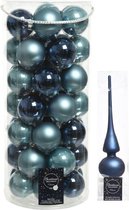 49x stuks glazen kerstballen ijsblauw (blue dawn)/donkerblauw 6 cm inclusief donkerblauwe piek - Kerstversiering