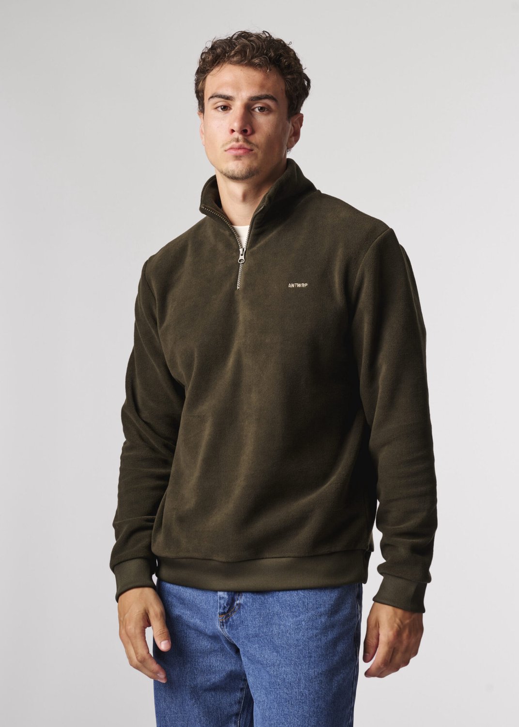 Antwrp sweater donkergroen met halve rits en opstaande kraag voor heren - S (36)