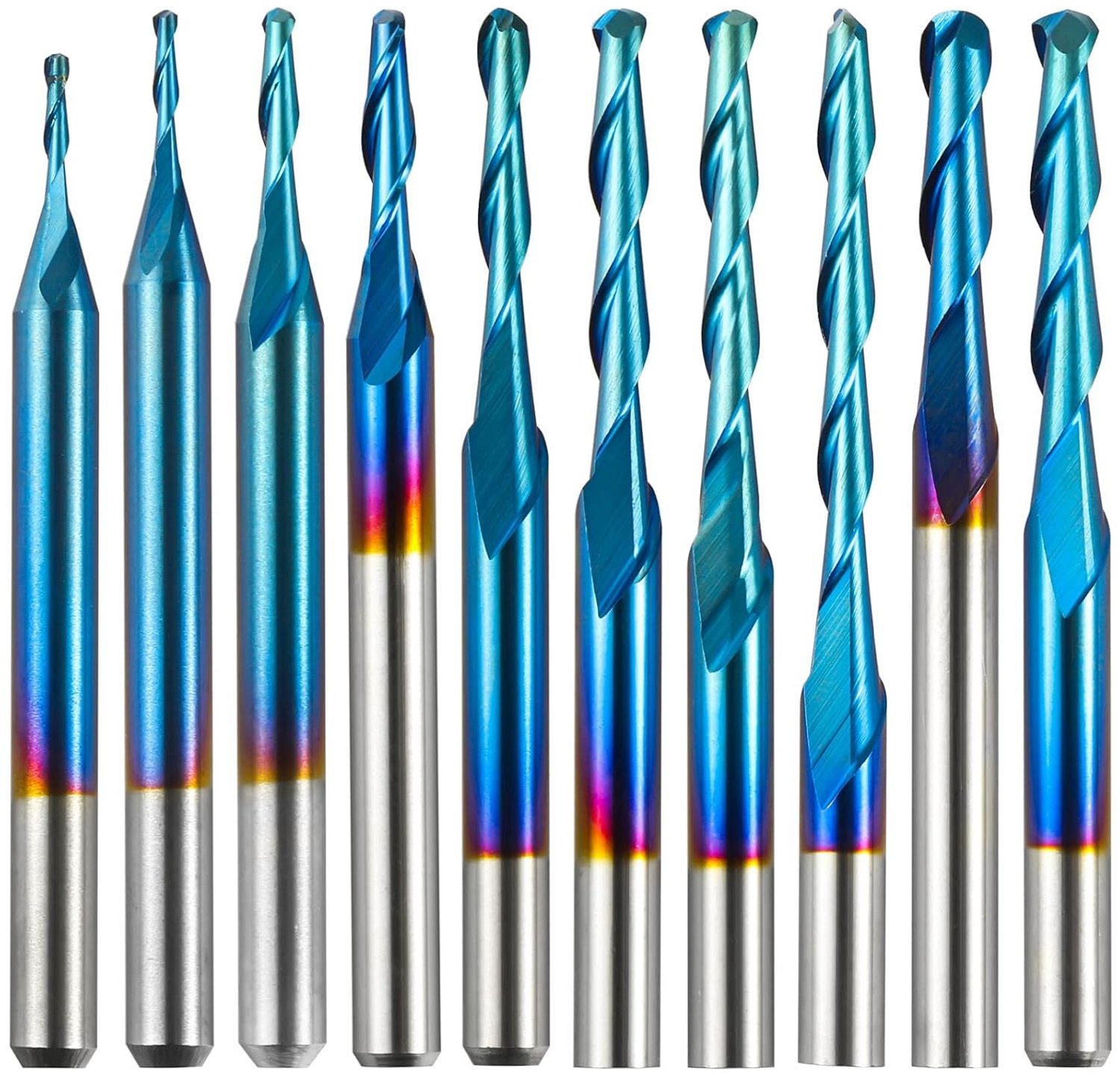 Genmitsu 10pcs 2-Flute Nano Blue Coat Ball Nose Spiral End Mill, 1/8'' Shaft, 0.8mm-2.5mm Cutting Diameter, CNC Router - ShopVlot