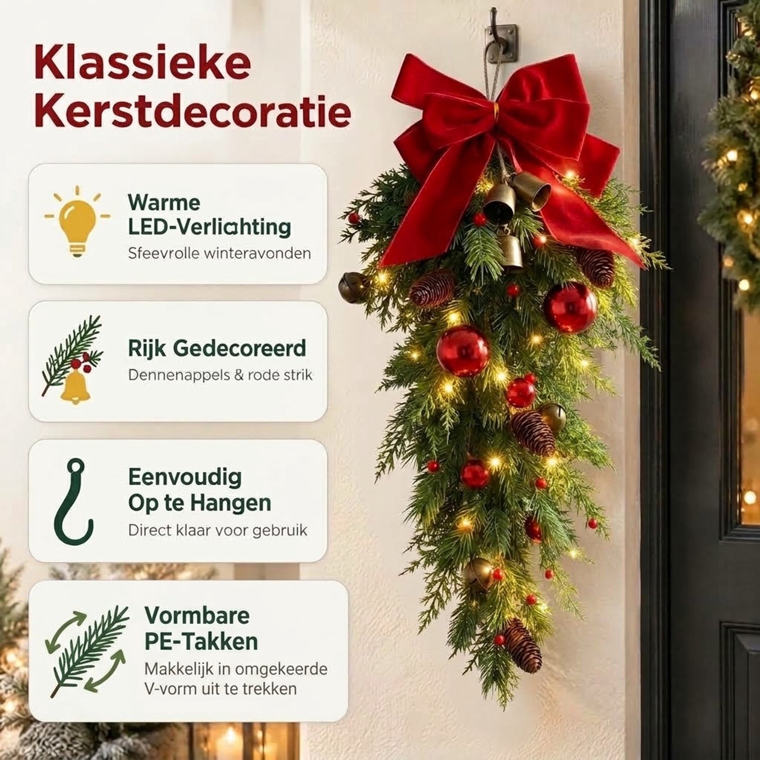 Premium Kerstslinger met LED( 60 cm) – Kerstguirlande – PE Kerstdecoratie – Rode Strik, Dennenappels & Belletjes - Kerstversiering voor trap / deur – foto 8
