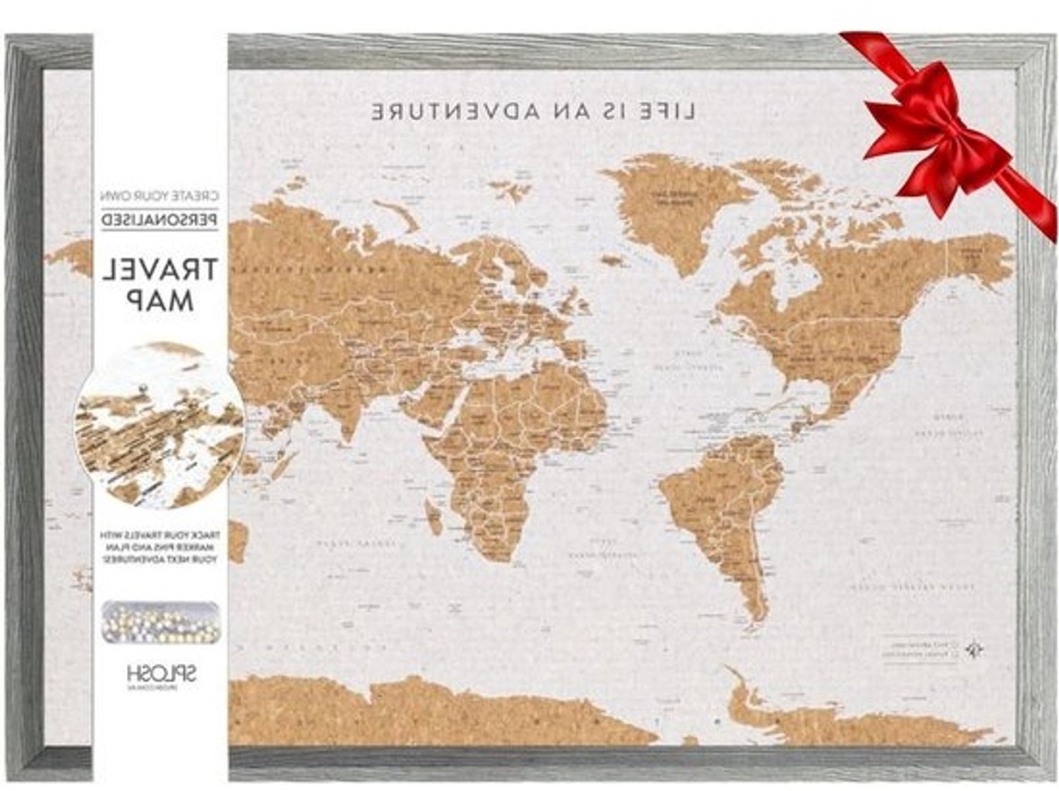 Wereldkaartprikbord - Kurken kaart - Reizen markeren - Inclusief 100 pinnen - 93.5 x 65.5 cm - Grijs