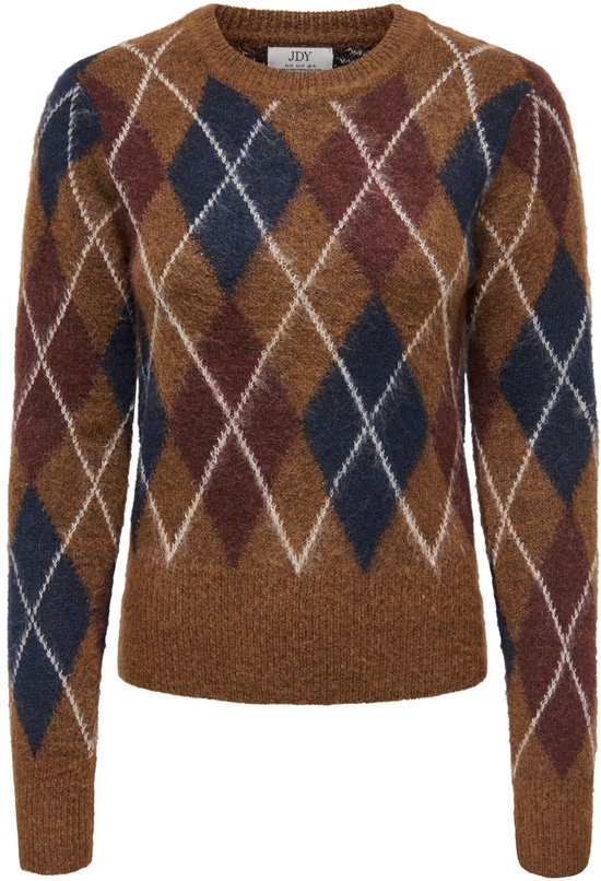 Bruine gebreide trui met ronde hals en een blauw-bordeaux argyle-ruitpatroon, voorzien van JDY-label.