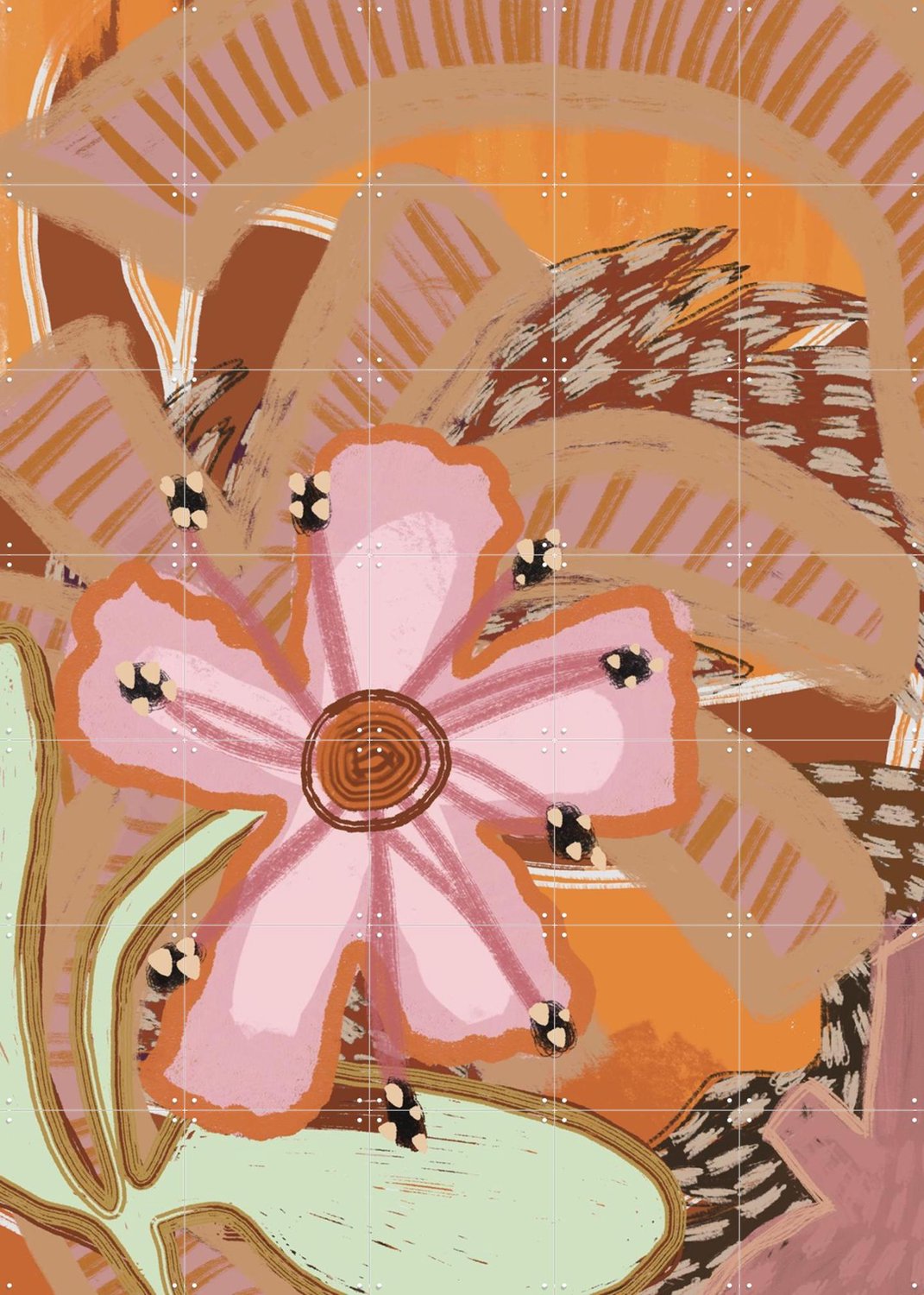 IXXI Floray, Lotte Snoek - 100 x 140 cm - Grote wanddecoratie en posters - Illustraties, Modern, Abstract, Woonkamer, Eetkamer, Bloemen Bruin / Roze