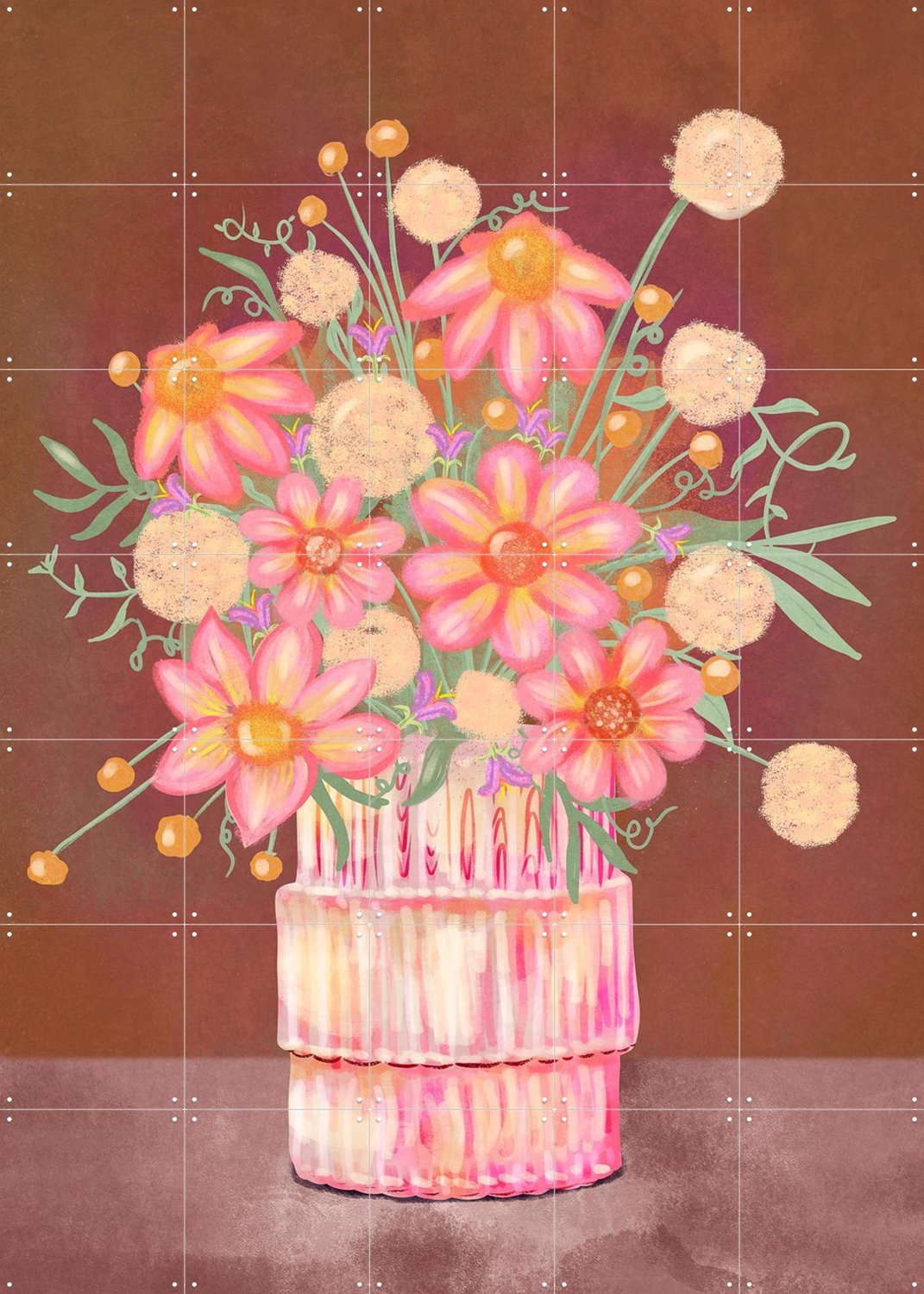 IXXI Vintage Flower Bouquet, Raissa Oltmanns - 100 x 140 cm - Grote wanddecoratie en posters - Kleurrijk, Speels, Illustraties, Eetkamer, Gang Roze / Bruin