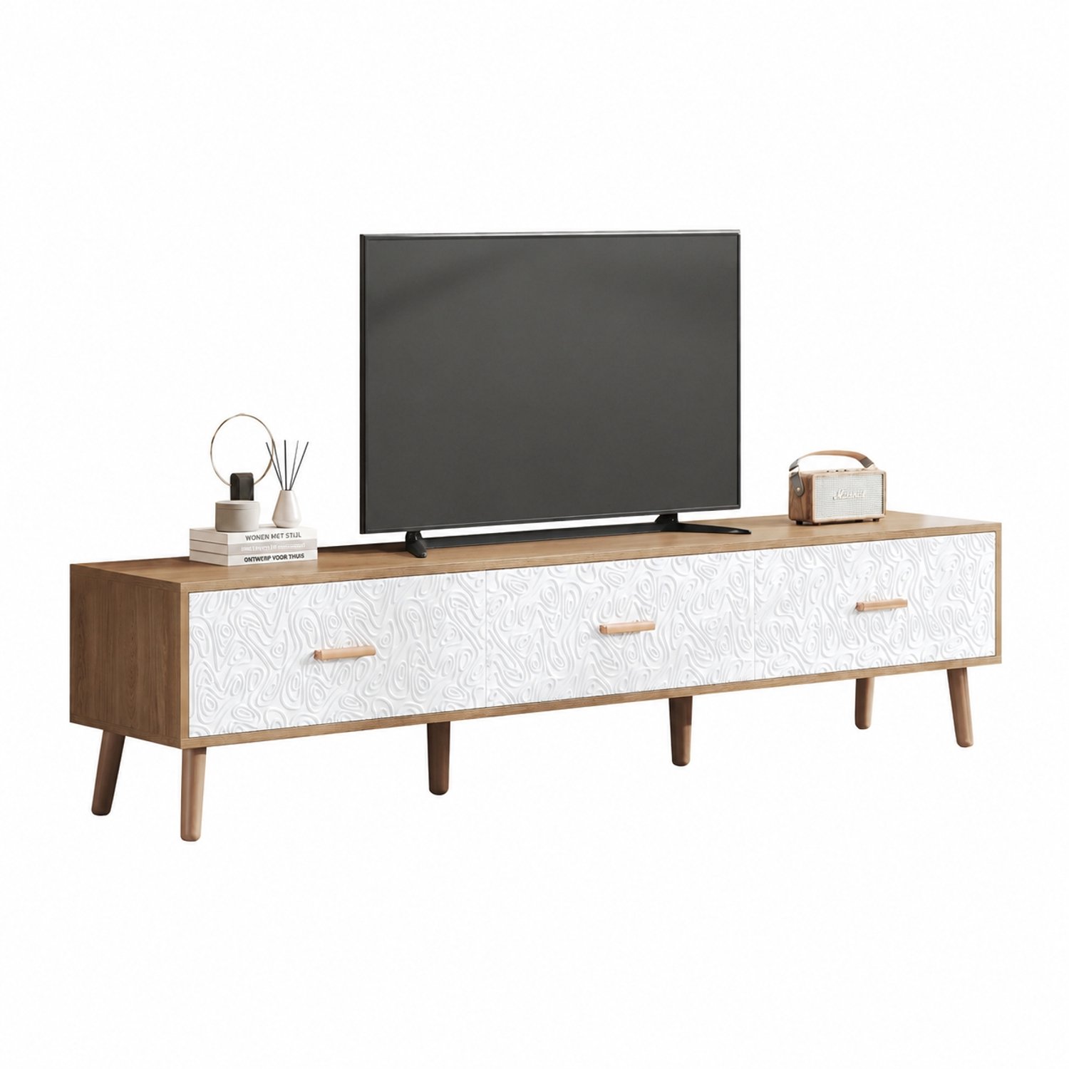 Welltin Tv-meubel - Retro Structuurfronten - 3 Lades - Draagvermogen 60 kg - 150 x 35 x 39 cm - Wit en Licht Houtkleur