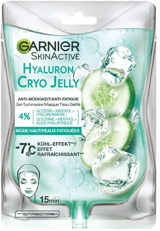 Garnier Hyaluron Cryo Jelly masker met komkommer en ijsblokjes voor een verkoelend anti-vermoeidheidseffect.