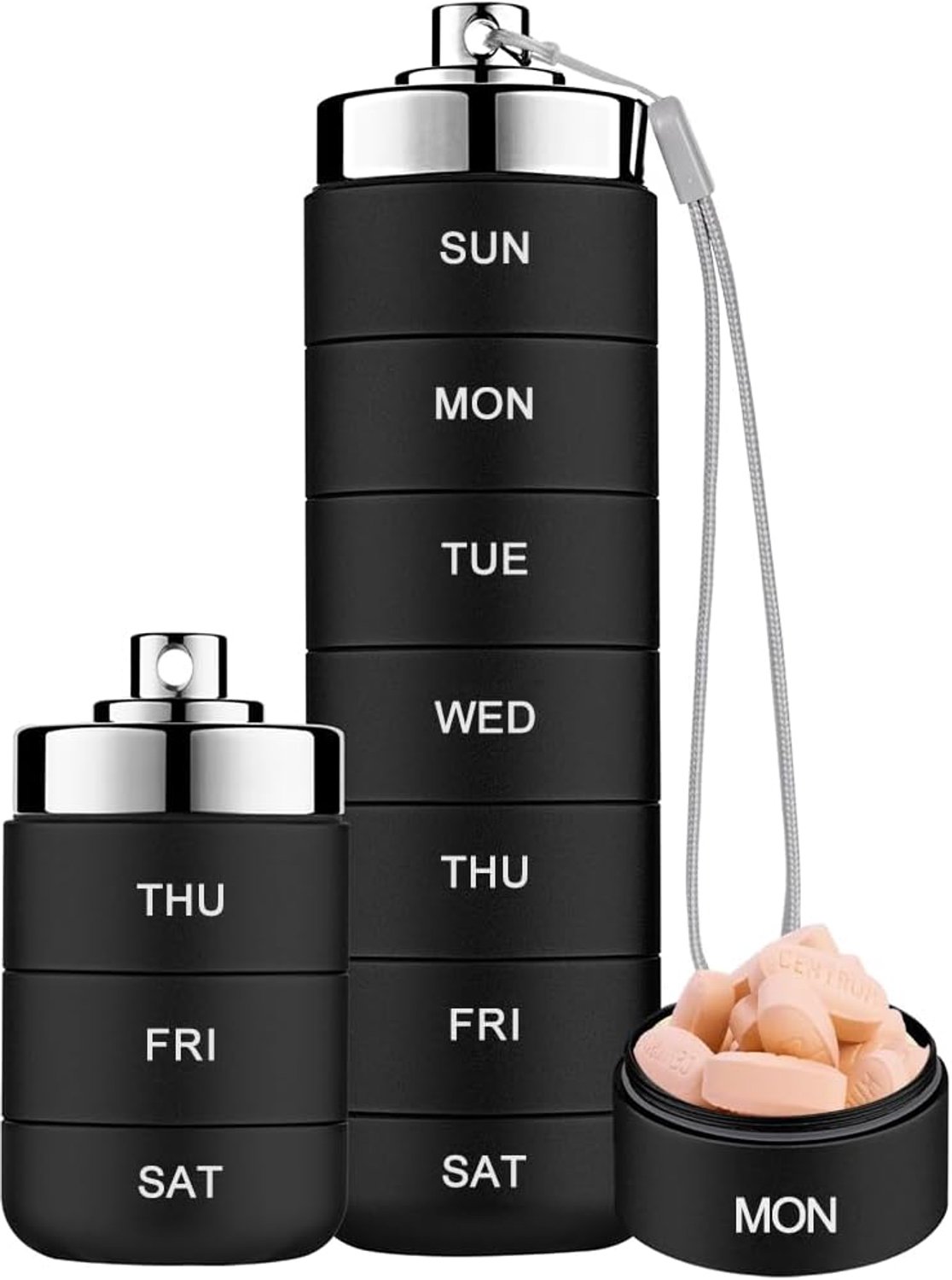 Pillendoos - Stapelbare Waterdichte Metalen Pillenorganizer - 7-daagse Weekbox voor Reizen - Draagbaar met Vakverdeling - Zwarte Kleur - 1 Stuk