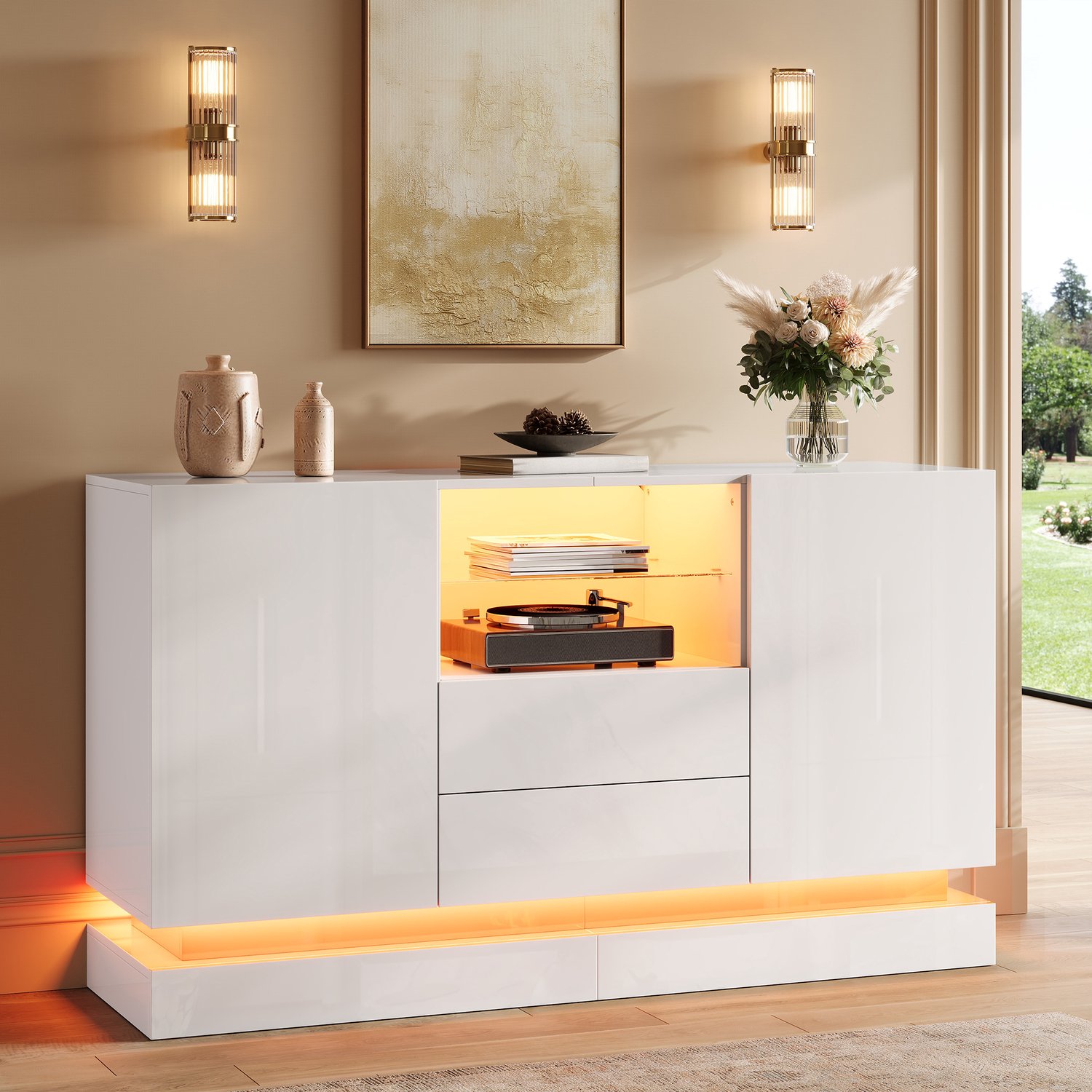 PHOEBE CAT Dressoir - Halmeubel - Opbergkast - LED-verlichting - Met 2 lades - Hoogglans - Spaanplaat - Wit