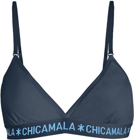 Zwarte triangle beha zonder beugel met een elastische band voorzien van het merk Chicamala in het lichtblauw.