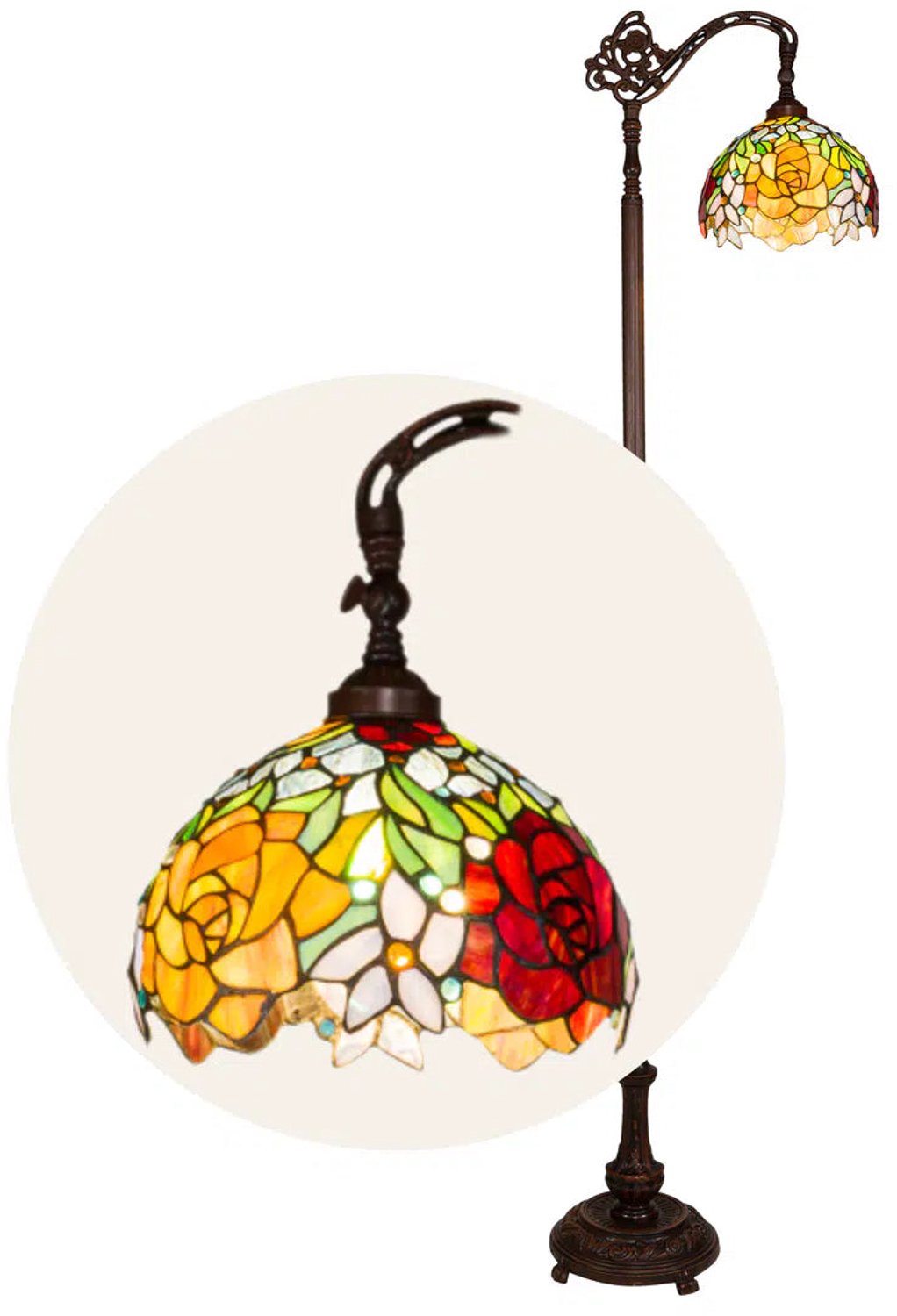 Tiffany vloerlamp Rozen - Geel-groen-rood - H 177 cm - Staande lamp - Glas in lood - Warm licht - Verstelbaar - Bloemmotief | RORUVERA