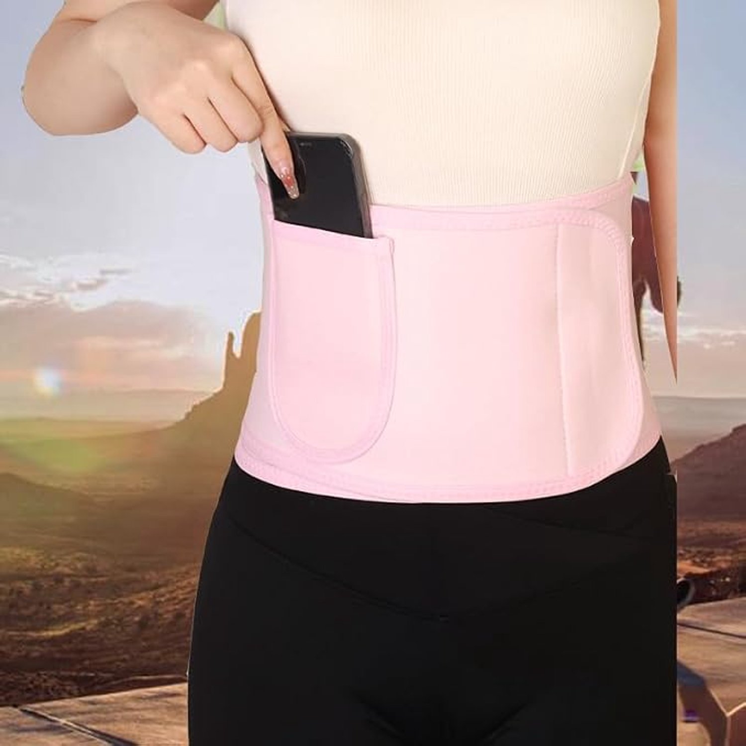 Lendensteunriem met geïntegreerd telefoonopbergvak voor fitness en krachttraining, 110 cm roze, verstelbare ademende tailleband met zweetafvoerende eigenschappen, houdingsondersteuning geschikt voor hardlopen, wandelen, bureauwerk