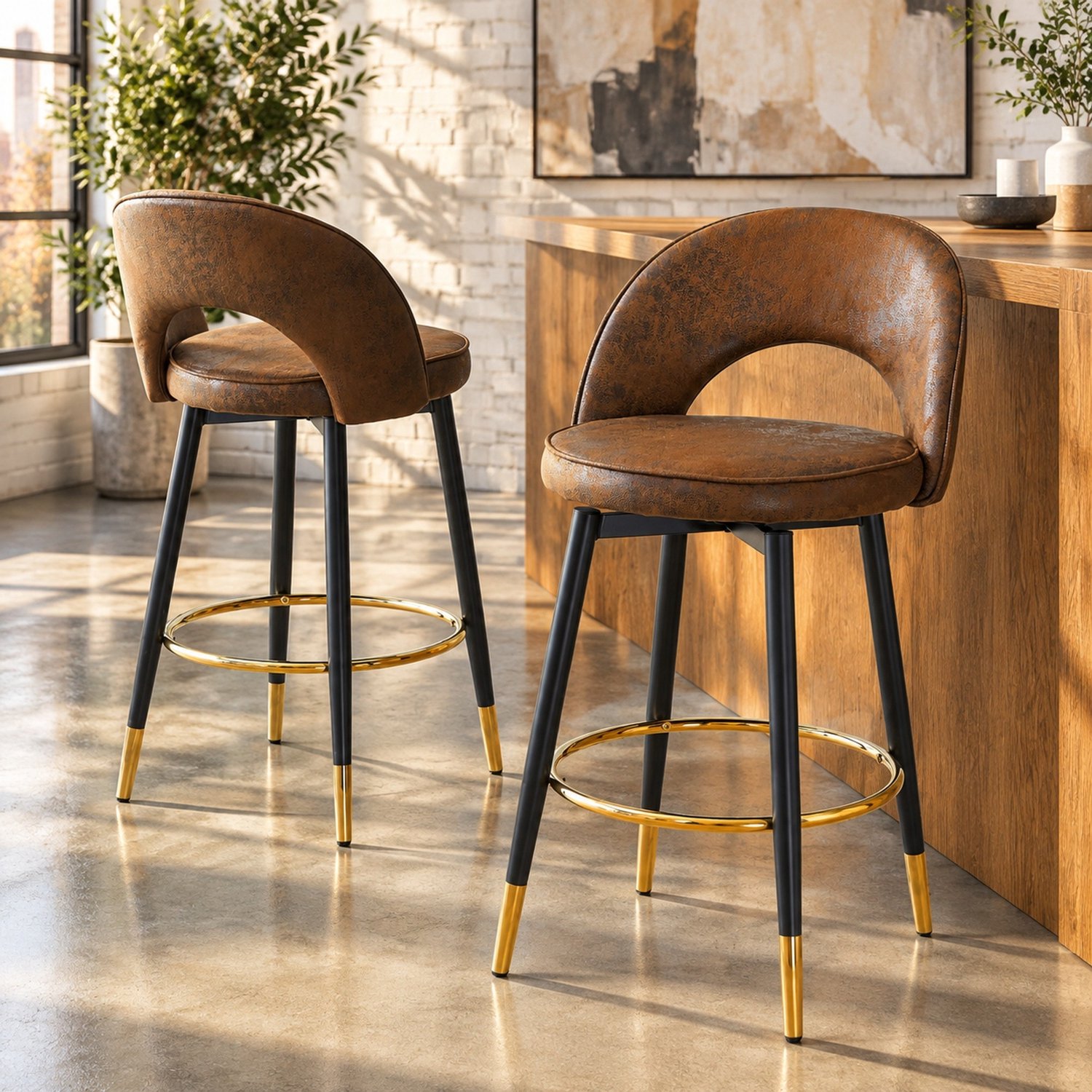 CHICFURN Barkruk - volwassenen - 360° draaibaar - met rugleuning - bruin zwart