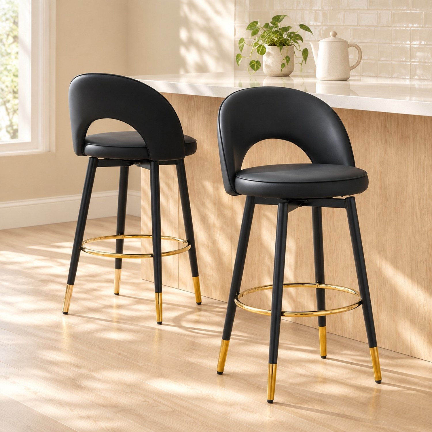 CHICFURN Barkruk 44 cm - Set van 2 - 360° draaibaar - Met rugleuning - Bar en keuken - Metaal en kunstleer - Zwart