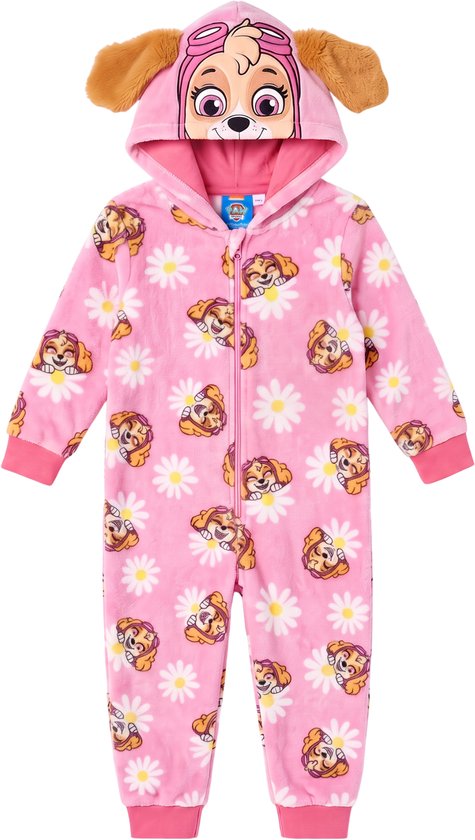 Roze fleece onesie met Skye van Paw Patrol, margrietenmotief en capuchon met oren.