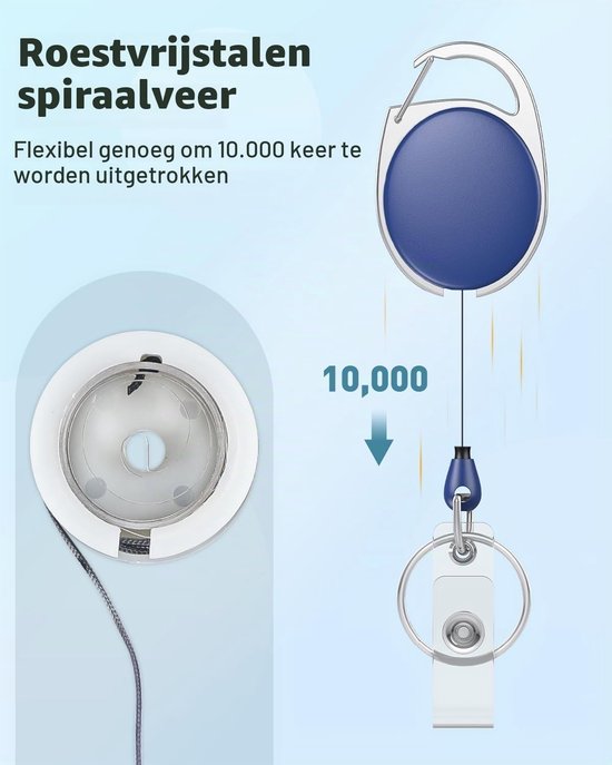 Set van 10 Uittrekbare Badge Reel voor Badgehouder, Duurzame Sleutelhanger met RVS Veer, 60cm Nylon Touw en Carabiner Clip — afbeelding 2