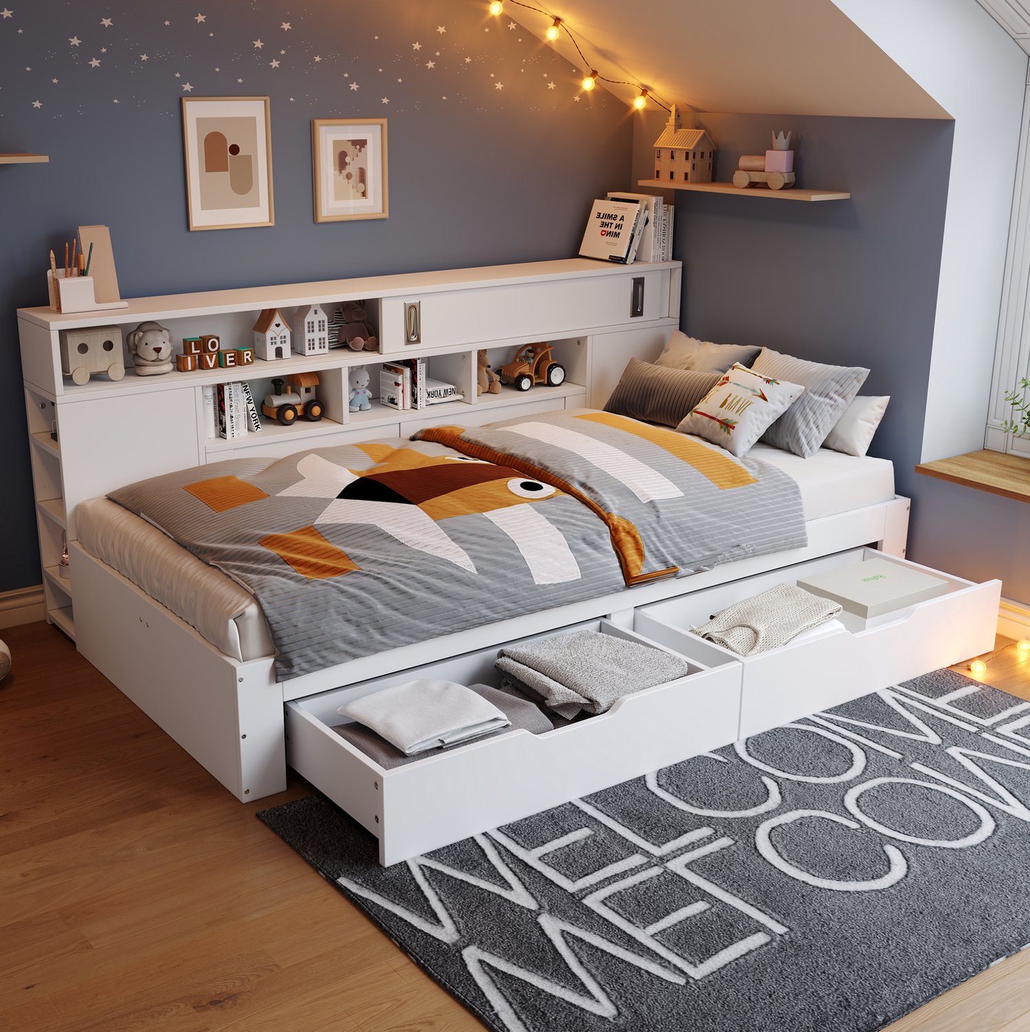 Maisentiel Kinderbed 90 x 200 cm met opberglades en lattenbodem - wit MDF