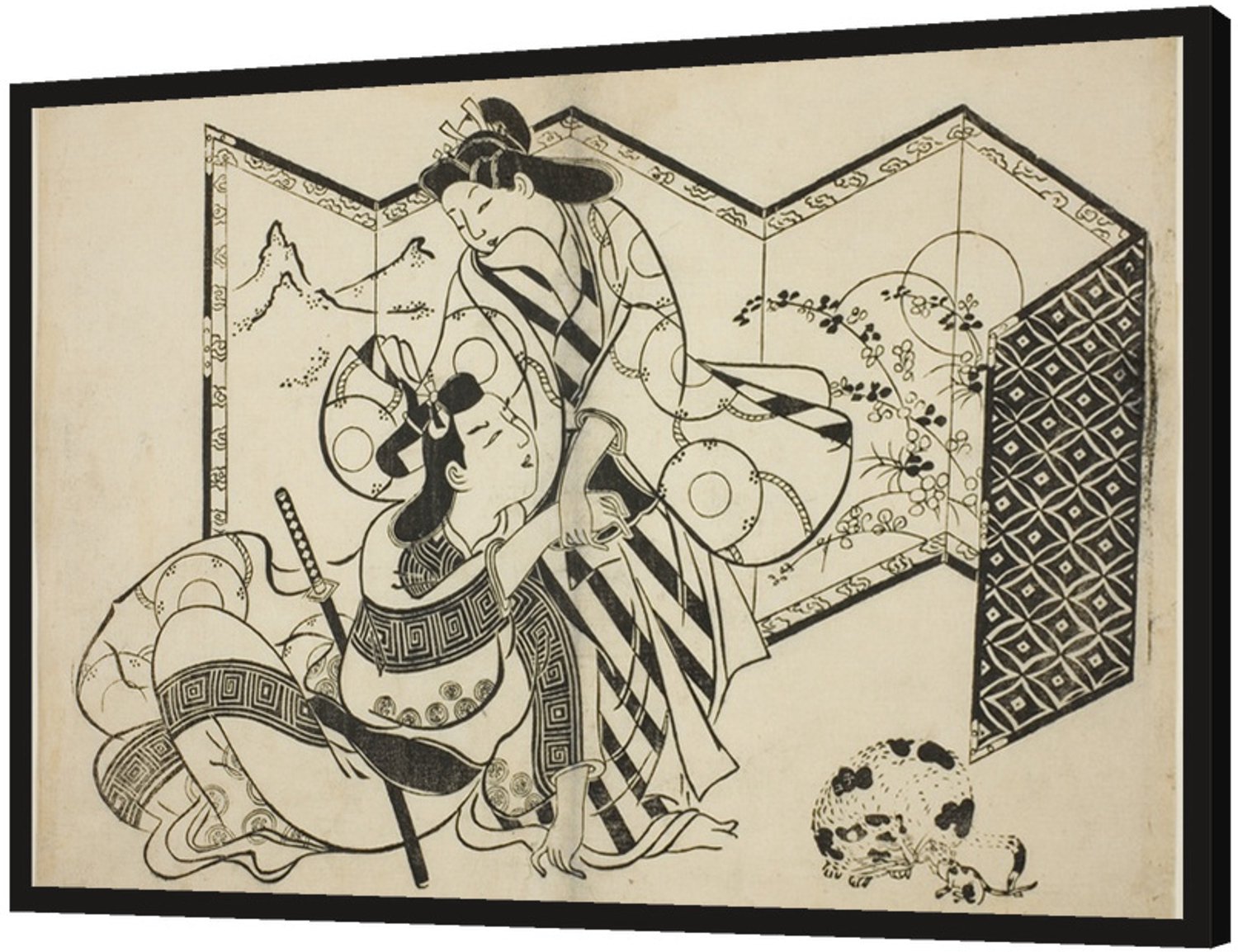 Printen.eu Ingelijste poster - Lovers, a Cat, and a Mouse in front of a Folding Screen - 30 x 20 cm Multicolor