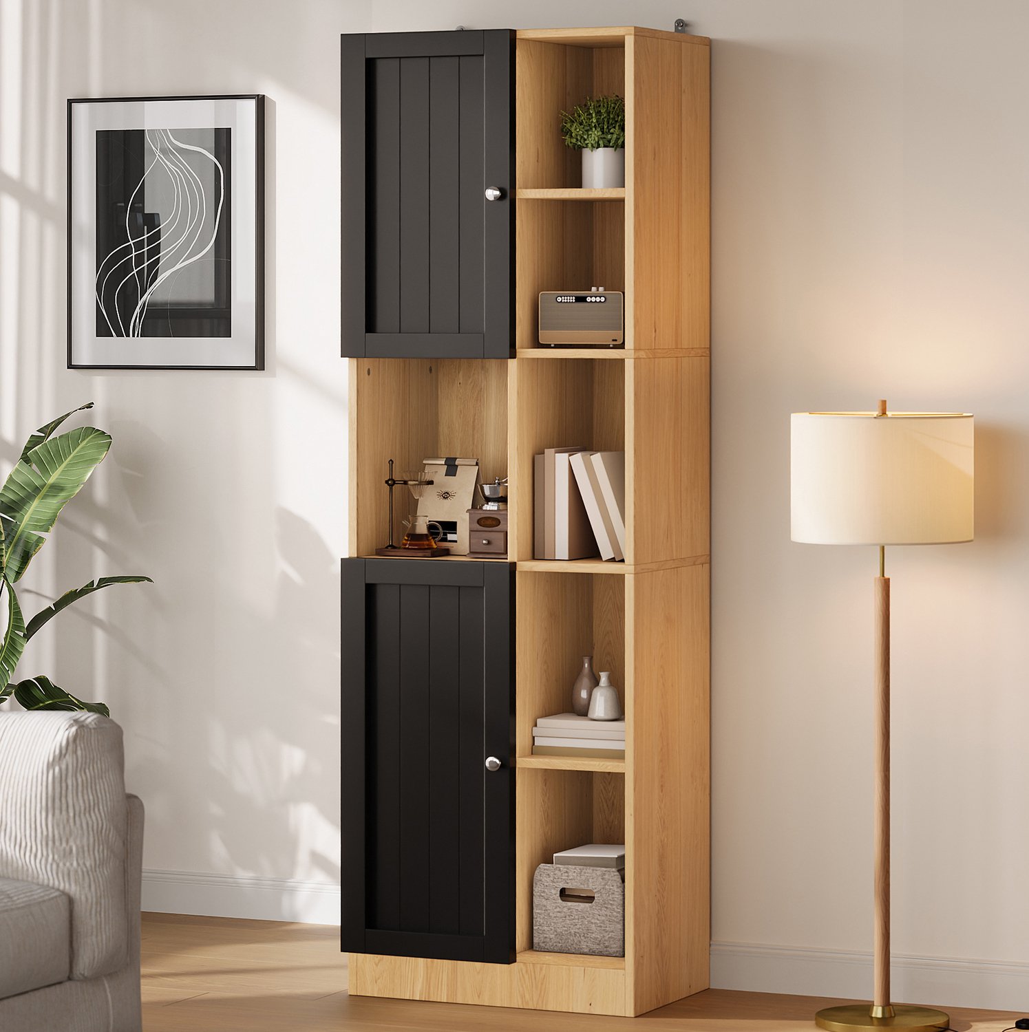 HAUSS SPOLE Keukenkast - Hoekkast Met 6 Open Vakken En 2 Deuren - Verstelbare Planken Voor Keuken - MDF En Spaanplaat - 50x35,5x170 Cm - Zwart Antraciet en eikenkleur