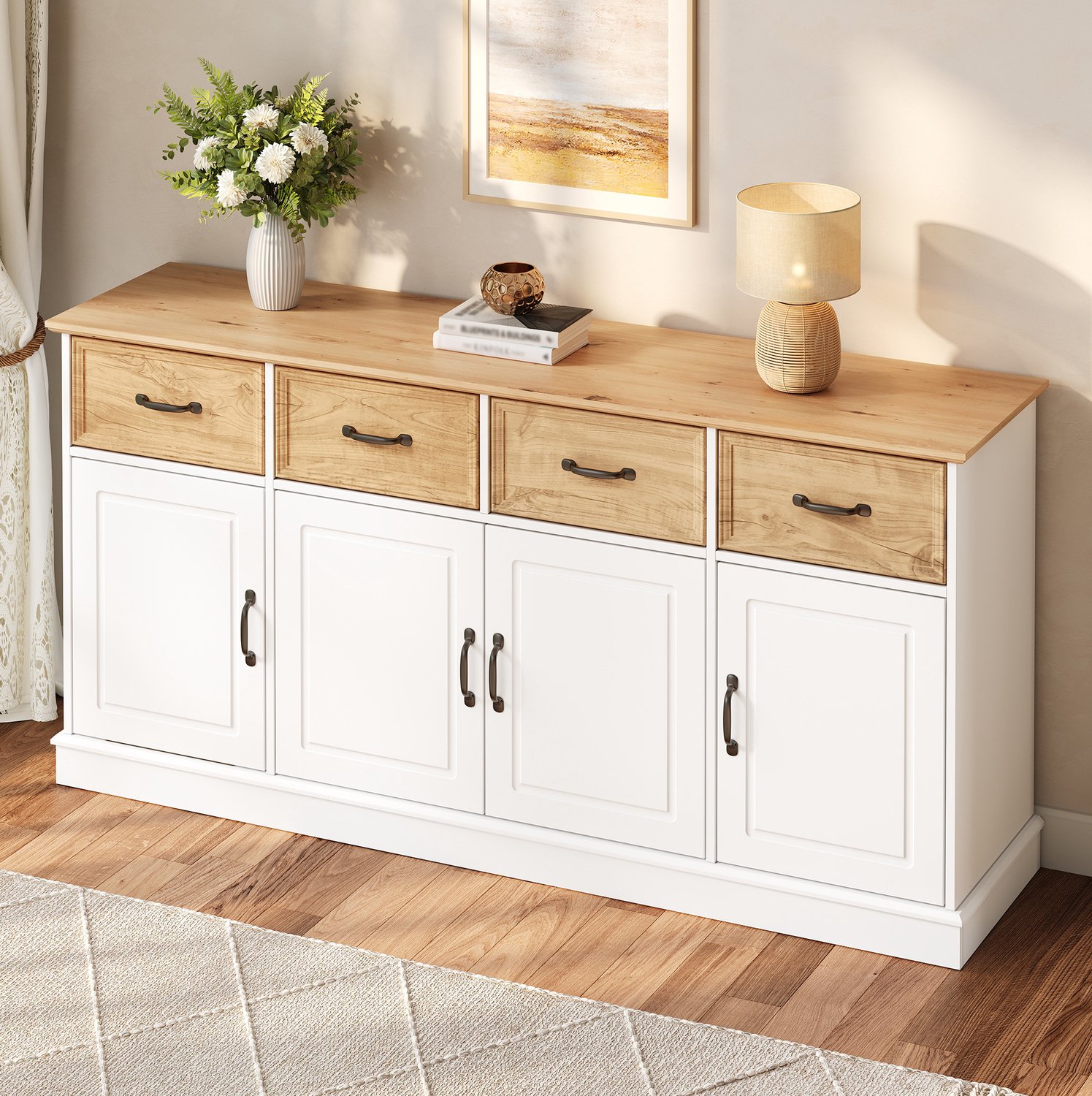 Maisentiel Dressoir met 4 lades en 4 deuren - wit met houtlook - 160 x 40 x 78 cm