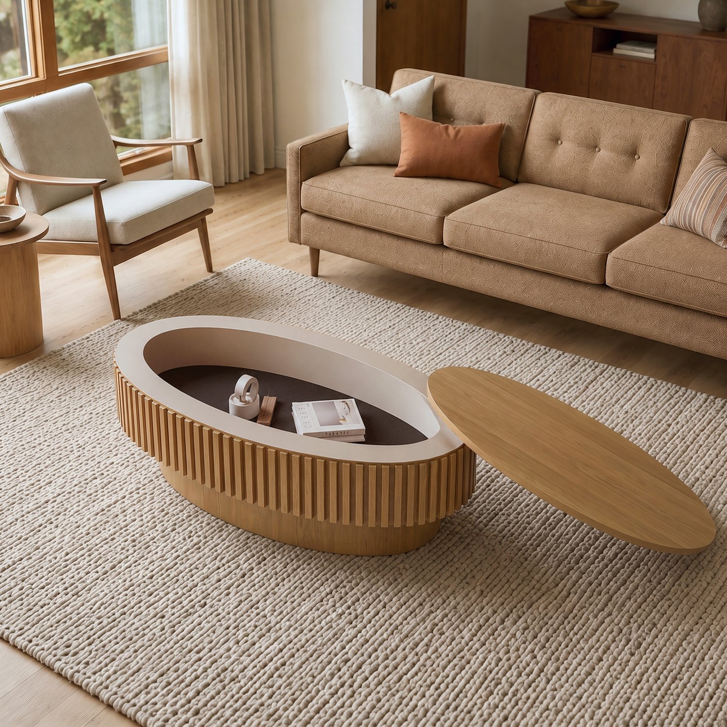 MODENUIT Salontafel - Ovaal Met Verborgen Opbergruimte - Voor Woonkamer - MDF En Houtfineer - 98 x 60 x 35 Cm Naturel hout