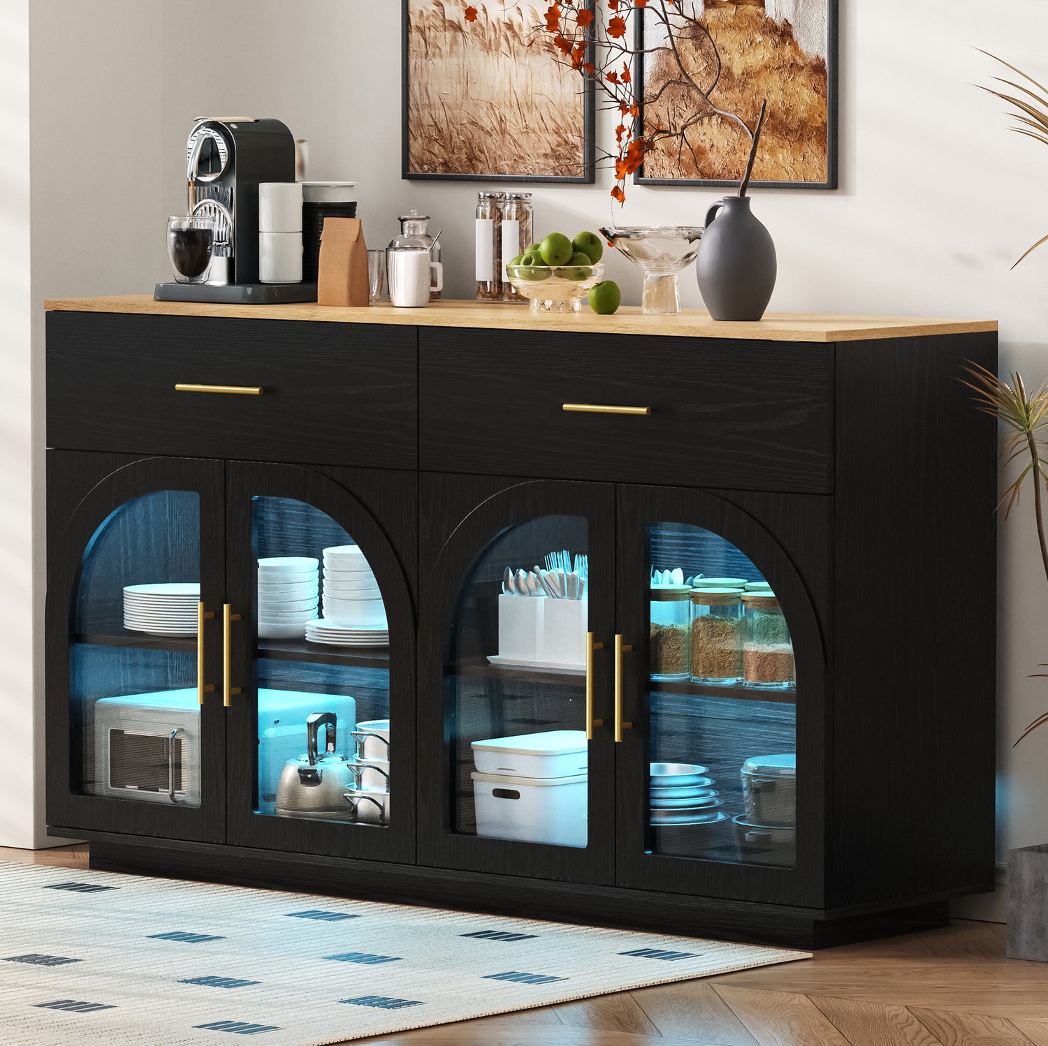 DESMIU Keukenkast - Met Ledverlichting, 2 Lades En 4 Deuren - Voor Keuken En Eetkamer - MDF En PB - 147x40x86 Cm - Zwart En Naturel Zwart met naturel houtkleurig blad