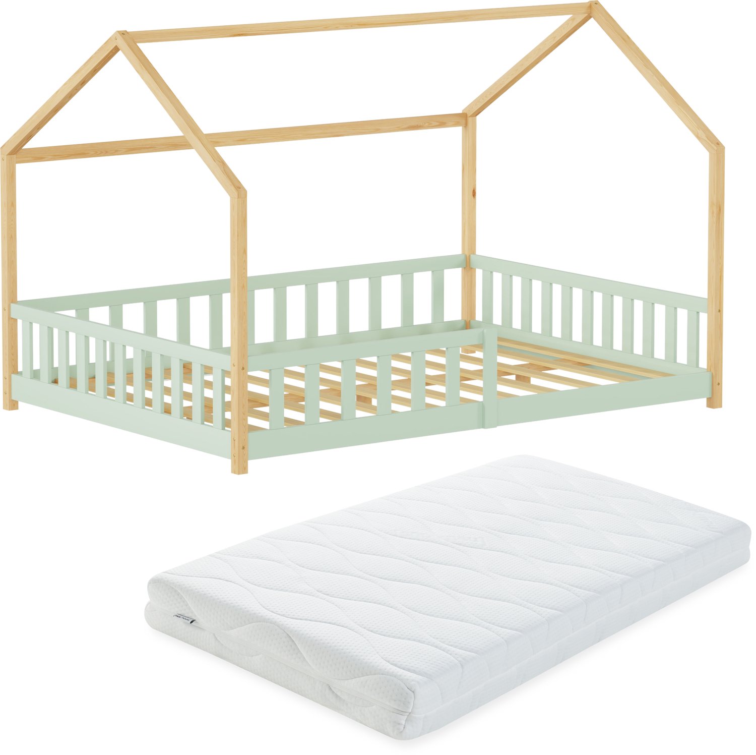 en.casa Montessori bed Hesel met valbeveiliging en matras 120x200 cm mint naturel [en.casa] mintgroen en naturel