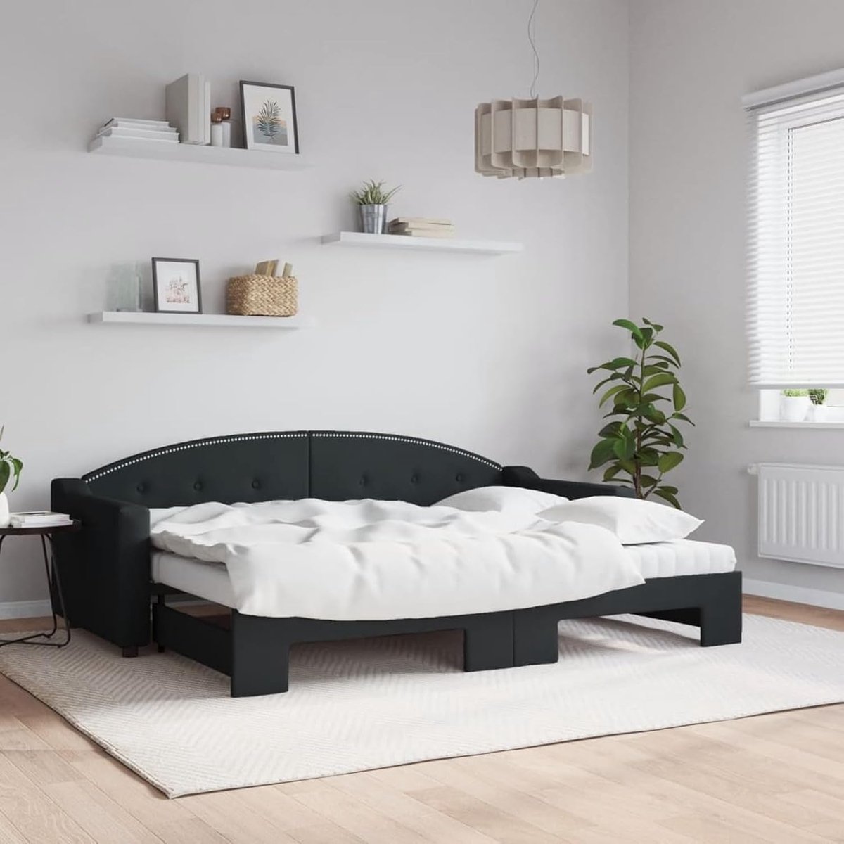 Dagbed, uittrekbaar, bankbed met 2 schuimmatrassen, zwart, 80 x 200 cm, polyester/massief hout, voor kleine woningen