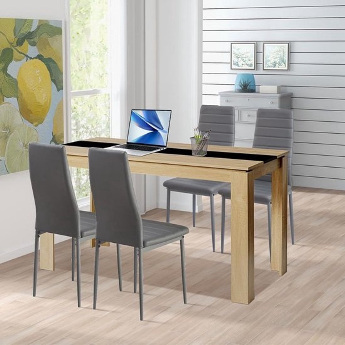 Eetkamerset 4 personen - Rechthoekige tafel 140x70cm + 4 stoelen - Donkergrijs