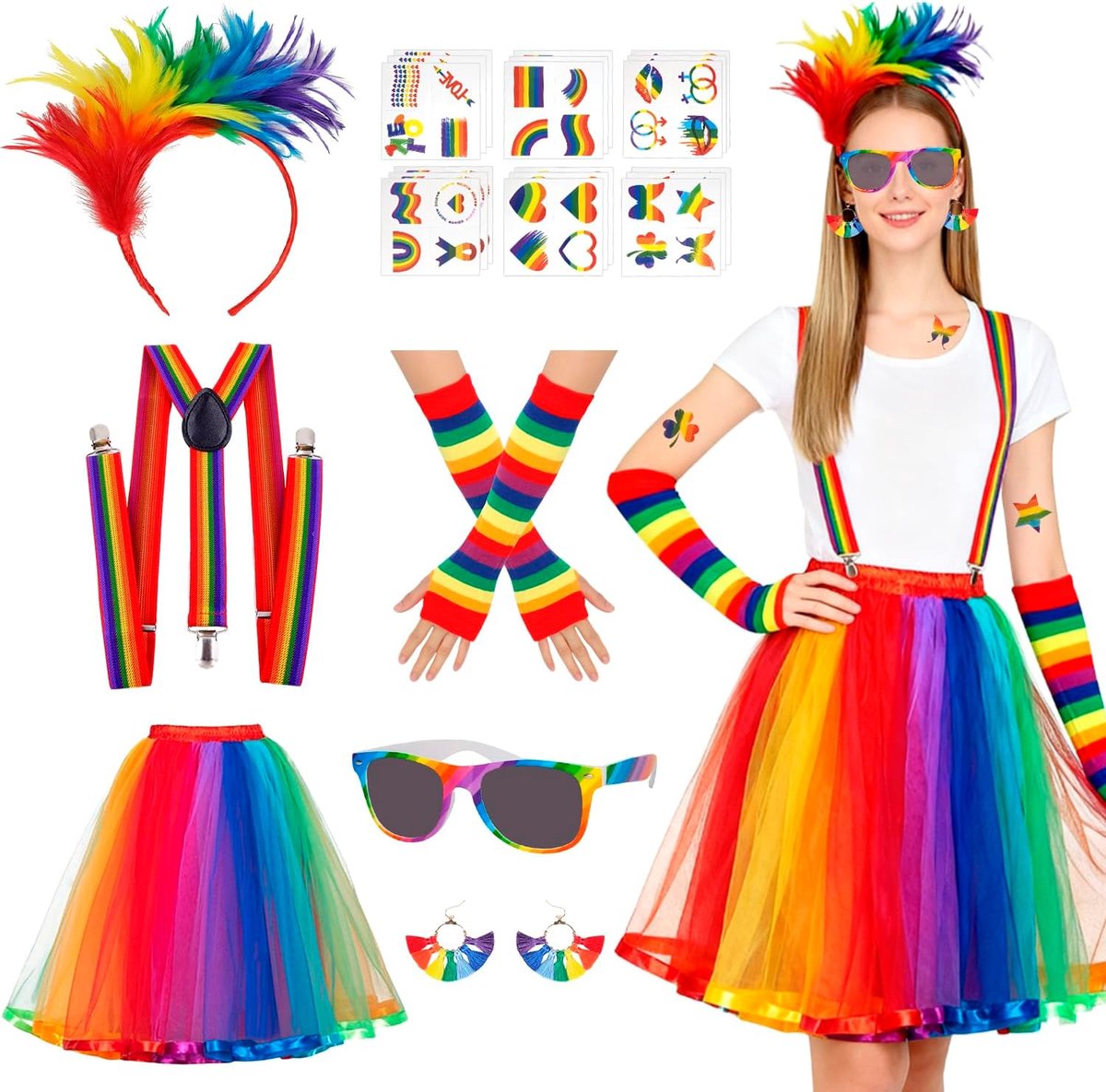 Regenboogkostuum voor dames, tule rok, regenboog, set van 7 stuks, kleurrijke rok, carnaval met veer, oorbellen, tattoostickers, riem, kniekousen, kleurrijk kostuum voor carnaval