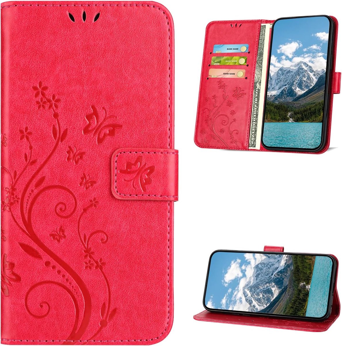 Beschermhoes voor iPhone 17, Retro Design PU leren Portemonnee [kaartsleuven], Flip Wallet Telefoonhoesje voor iPhone 17, Rood
