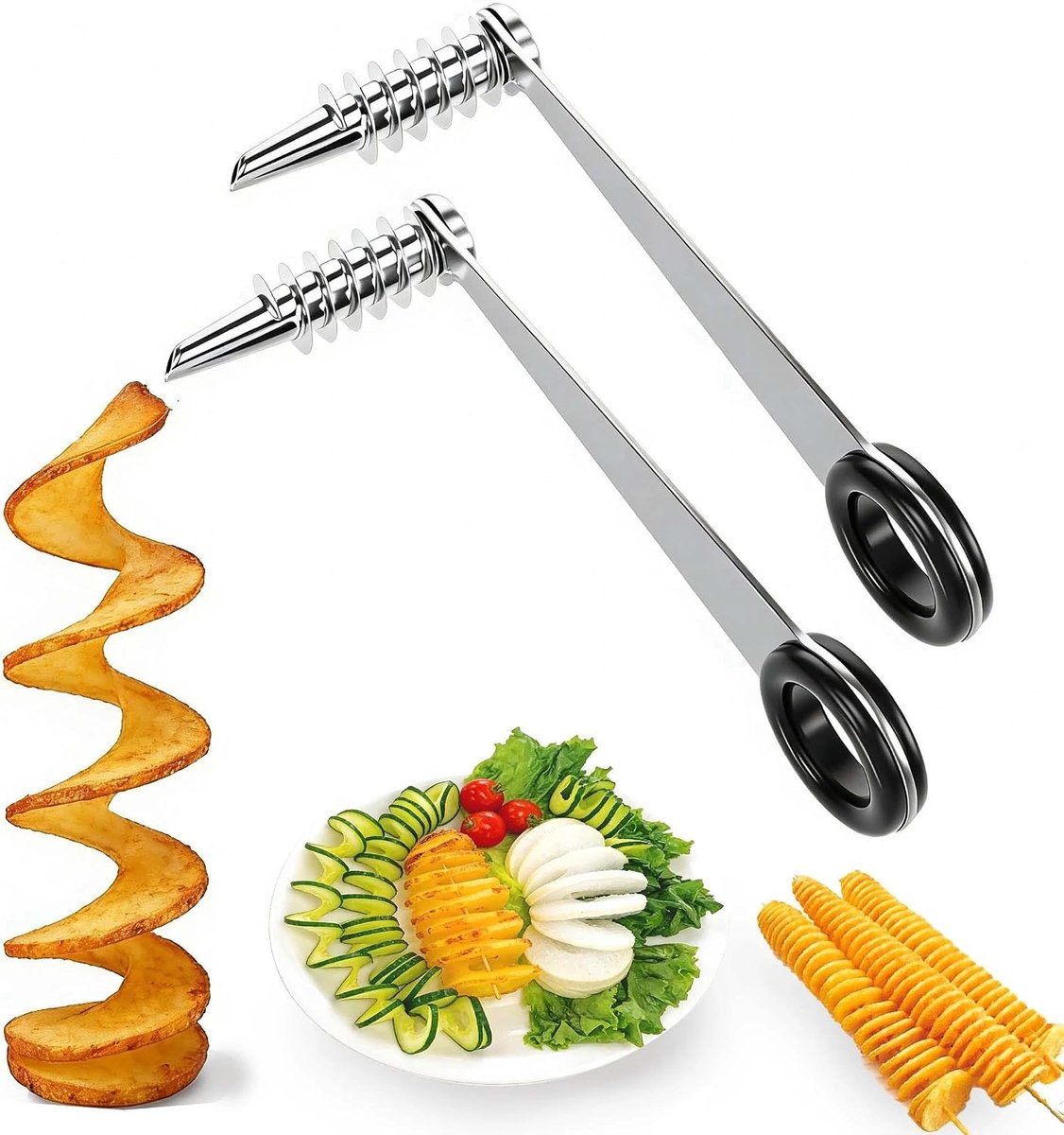 2 stuks spiraalsnijder aardappel, stokjes roestvrij staal aardappel spiraalsnijder, handbediende aardappel spiraalsnijder, geschikt voor creatieve fruit/salade decoratie en feesthapjes