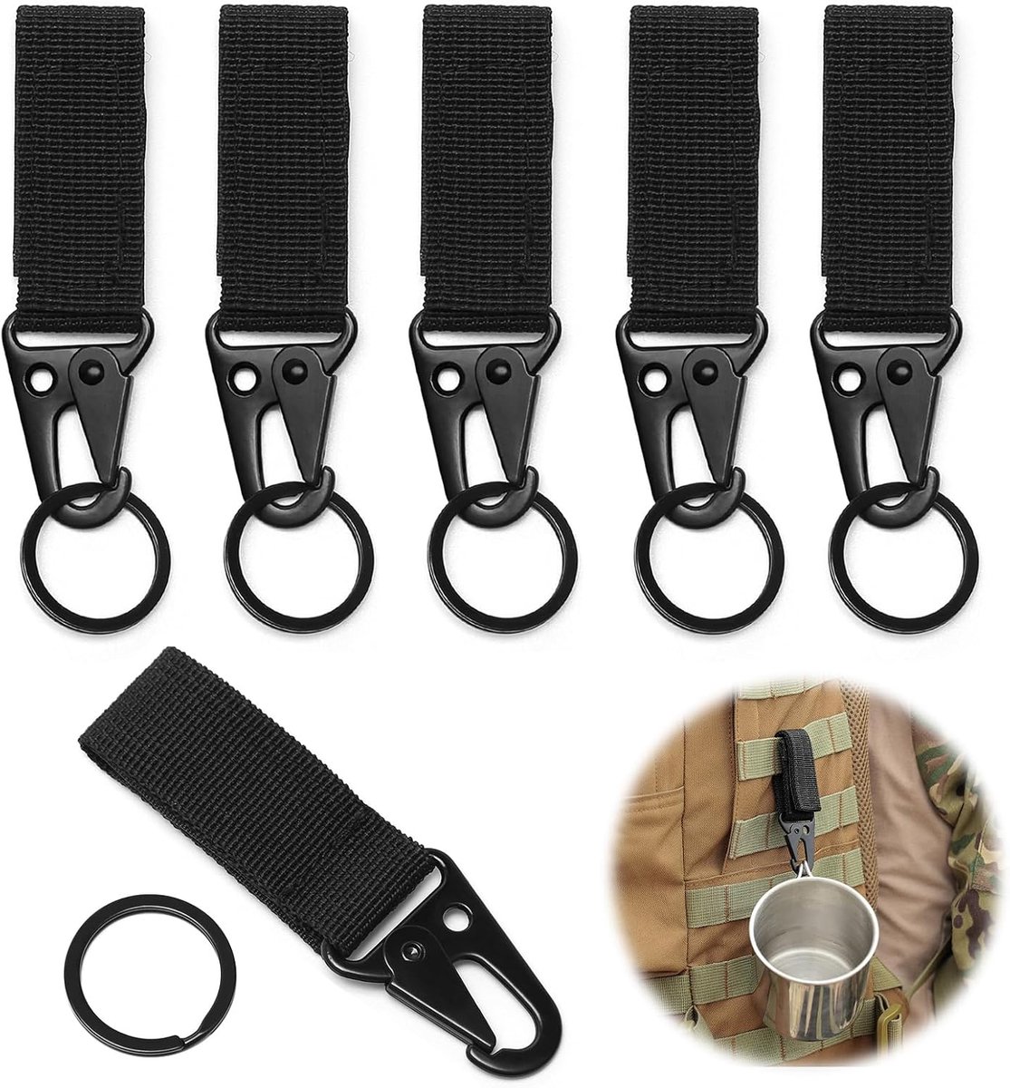 6 stuks riemlus karabijnhaak, nylon singelband clip, hangende riem, zwarte karabijnhaak Molle voor tactische accessoires riem vest en rugzakken