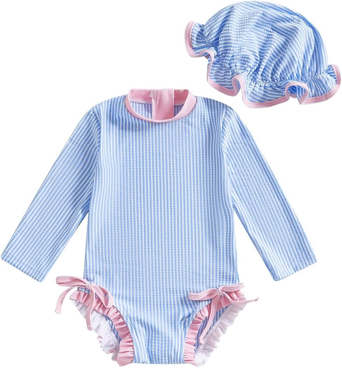 Badpak voor babymeisjes, met strepen, schattig, lange mouwen, eendelig, rashguard met zonnehoed, ritssluiting, badkleding, strandmode
