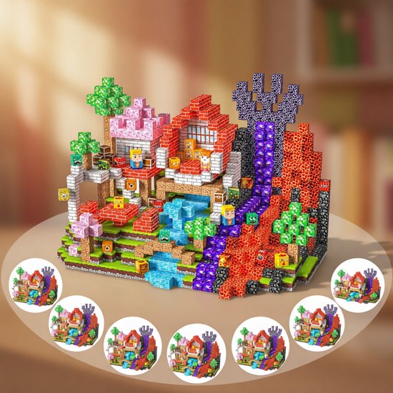 Gedetailleerde blokkenbouwset met een huis, waterval, en lavastroom.