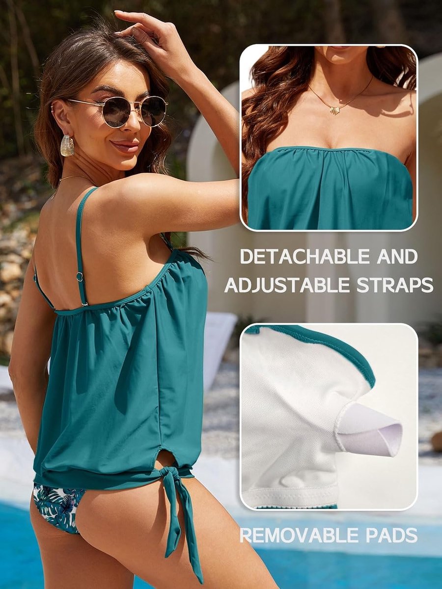 Badpak voor dames, 2-delig, tankini, strandkleding, brede strandmode met slip, afneembare en verstelbare schouderbanden, zomer, strand, zwembad