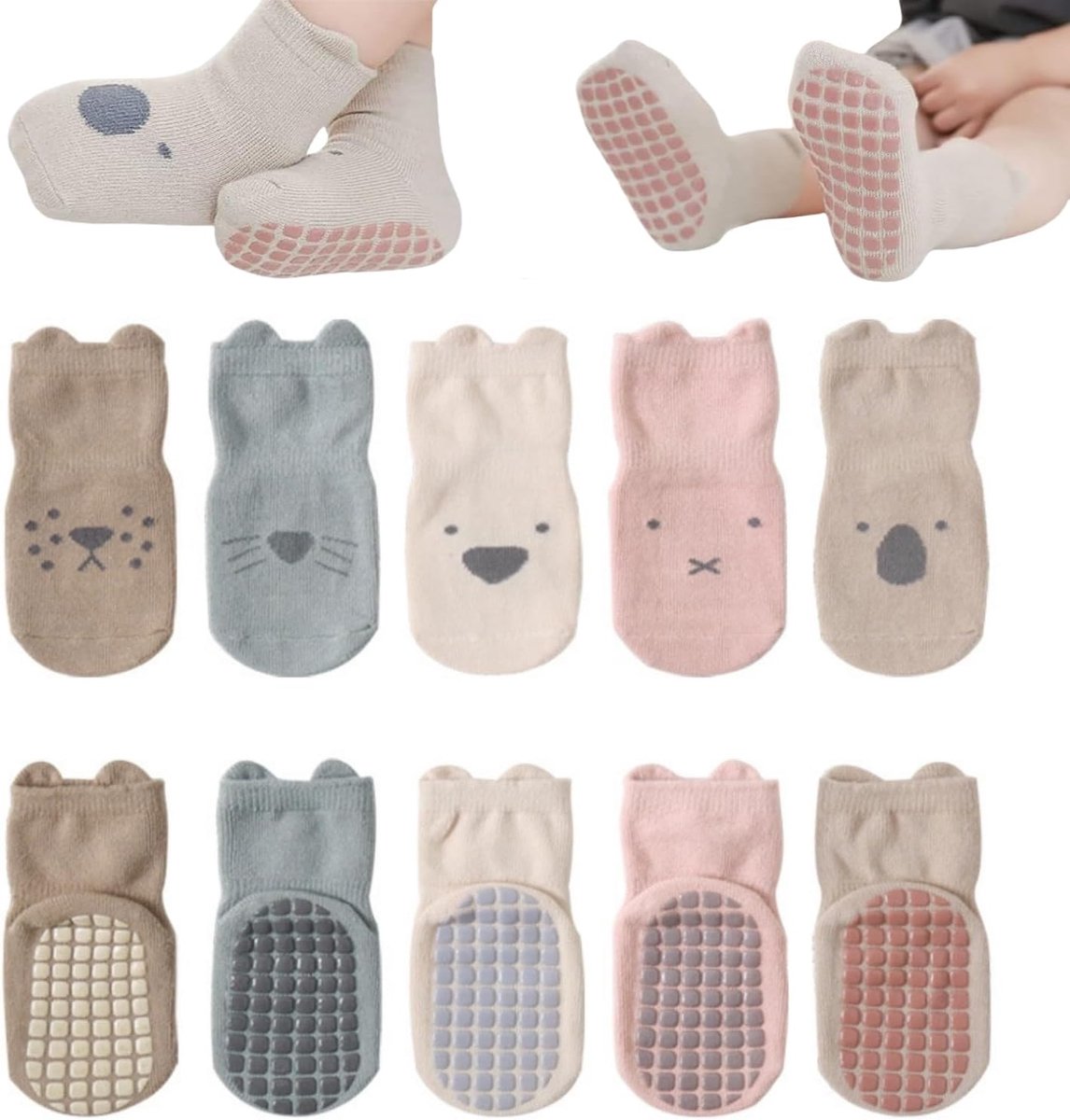 Sokken voor baby's, 5 paar antislipsokken, peutersokken, babysokken, katoen, voor baby's, peuters en kinderen