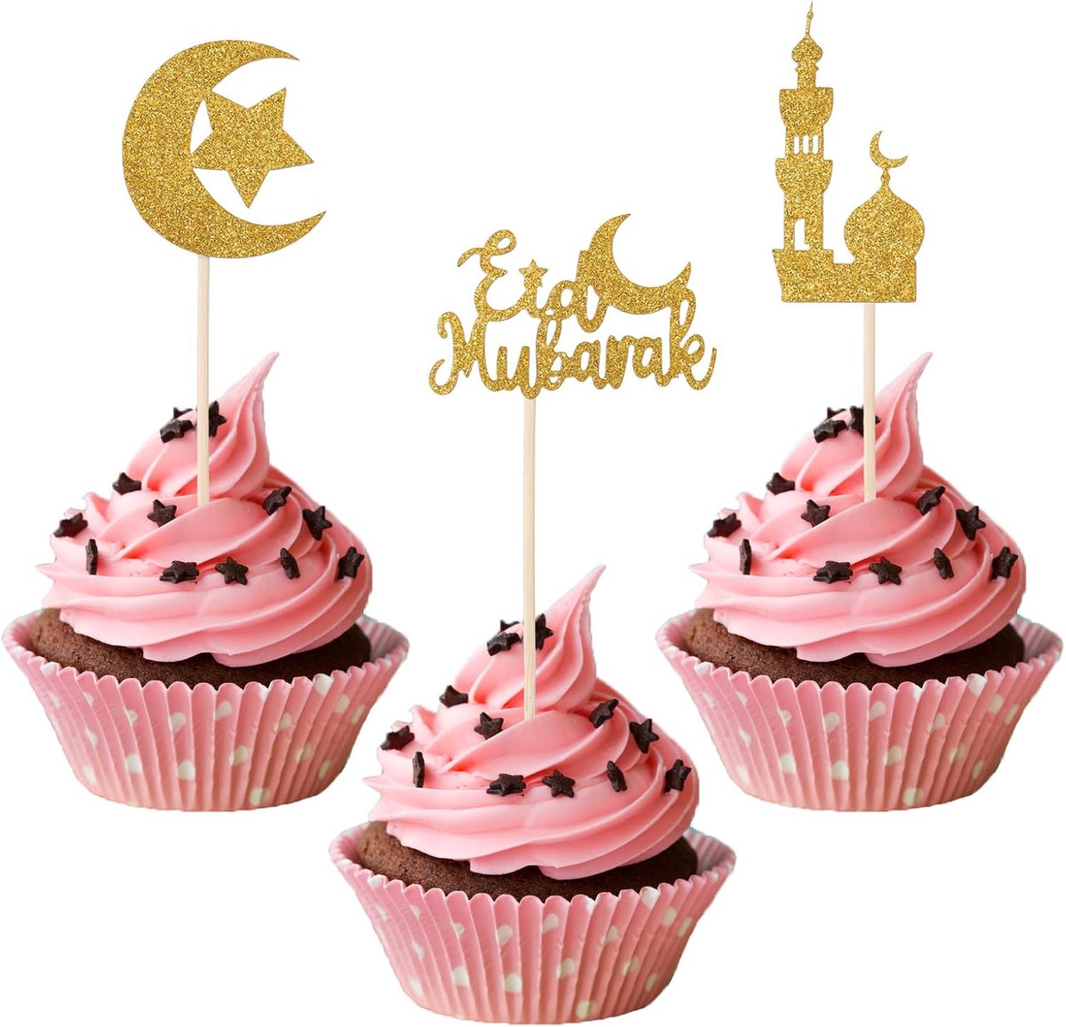 24st Eid Mubarak Cupcake Toppers, Glitter Goud Ramadan Cupcake Toppers Moon Star Cake Topper Eid Cupcake Picks Eid Mubarak Decoraties voor Islamitisch Moslim Themafeest