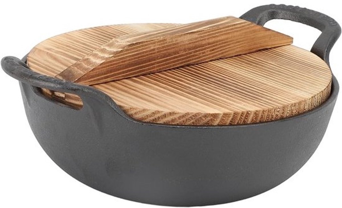 Gietijzeren Wok - Roerbakpan Platte Bodem - Aziatisch Koken - Inclusief Houten Deksel - 25CM - Zwart