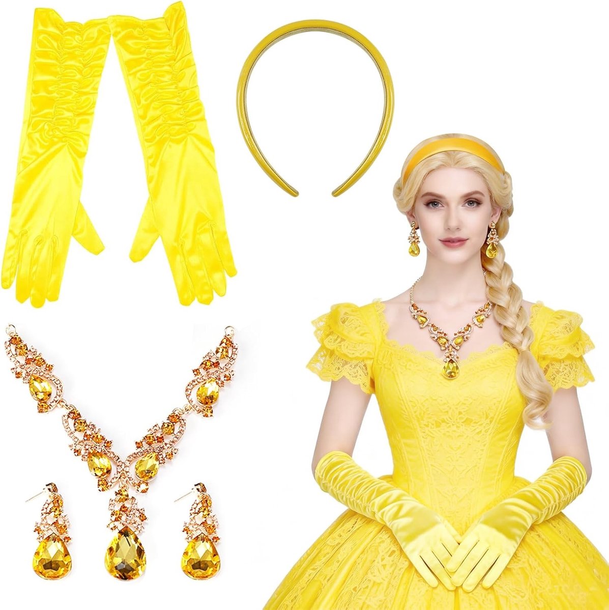Prinsessen Kostuum Set met Kroon, Haaraccessoires, Gele Handschoenen en Kristallen Sieraden voor Vrouwen en Meisjes voor Halloween en Carnaval