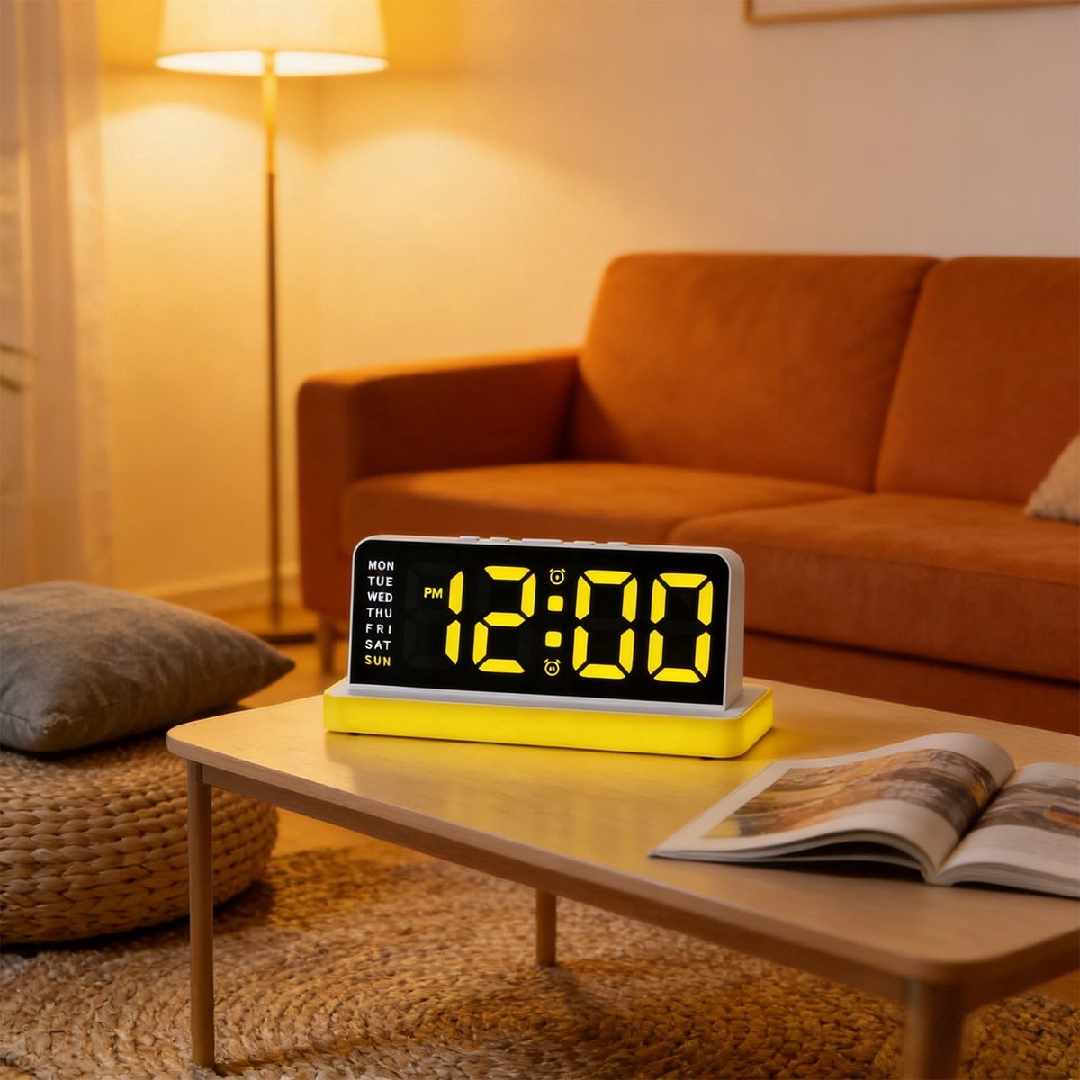 Ulisem - LED Digitale Wandklok Met Groot Display - Wandklokken - Temperatuurweergave - Datum En Kalender - Verstelbare Helderheid - USB Voeding - Modern Elektronisch Tafelklok Voor Slaapkamer Woonkamer Kantoor - Geel