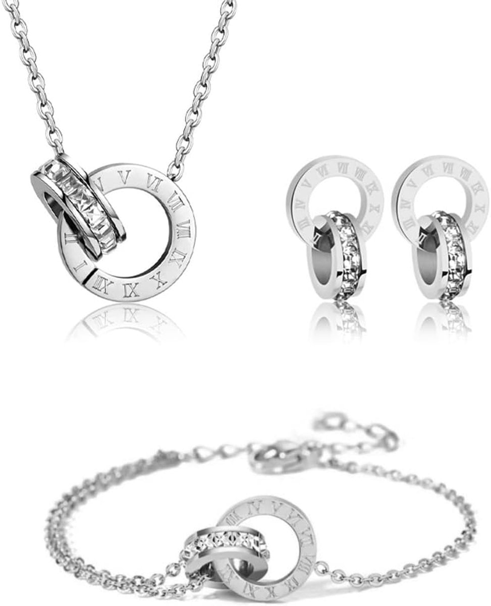 Sieradensets voor dames en meisjes, Romeinse cijfers, zirkonia, roestvrij staal, verguld 18 K, zilver, hanger, halsketting, oorbellen, armband, elegant, verstelbaar, sieradensets