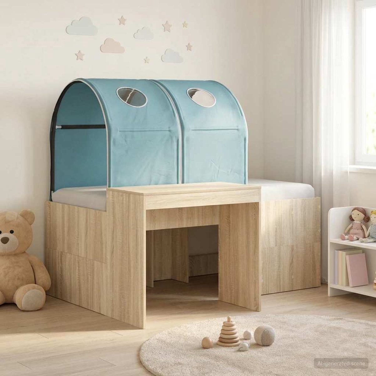 vidaXL Bed - met - Tunnel - 3 - st - Sonoma - Eiken - en - Lichtblauw - Bewerkt - hout Sonoma eiken en lichtblauw