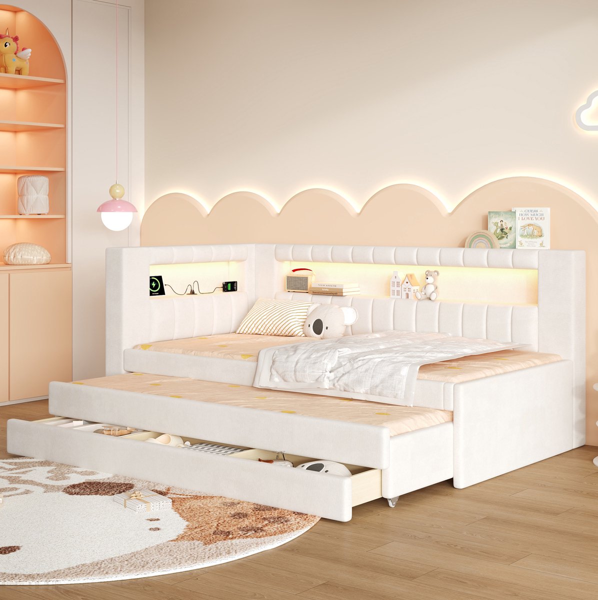 FloraGrace Bedbank 90x200cm - Gestoffeerd Met USB-Aansluiting En Ledverlichting - Uitschuifbed Met Drie Lades - Zonder Matras - Wit