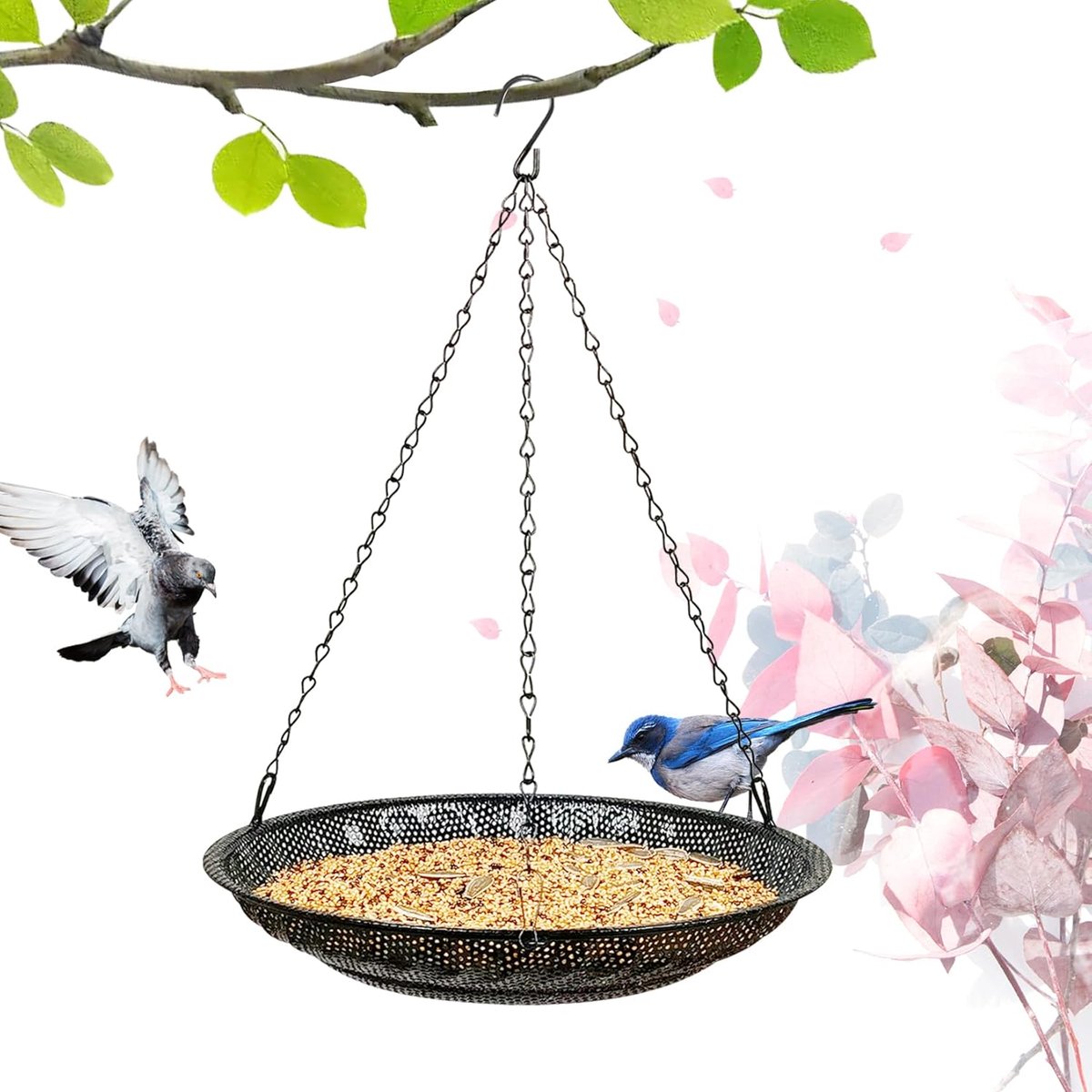 Premium hangende vogelvoederbak, maat 30 cm groot platform vogelvoederbak roestvrij staal gaas lade, wilde vogelvoeder voor buiten hangend zaadplatform