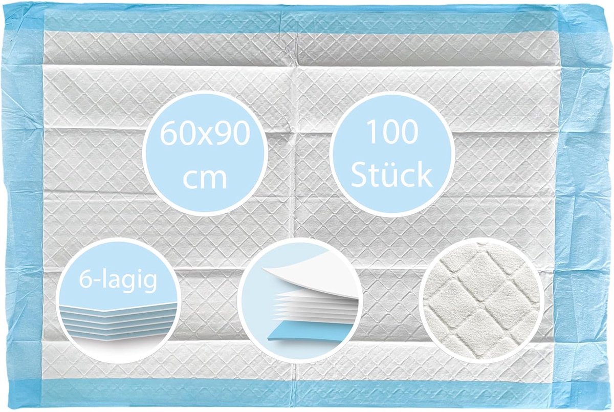 Protect Ziekenonderleggers voor eenmalig gebruik, aankleedonderleggers, incontinentieonderleggers, afmetingen 60 x 90 cm, 100 stuks, 6 lagen of 8 lagen of 12 lagen naar keuze (60 x 90 cm, 6 lagen)