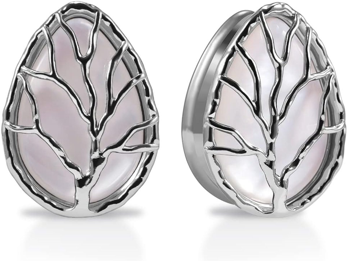 2 STKS Teardrop Pearl Shell Oor Meters Zadel Tunnels Dubbele Uitlopende Plugs Life Tree Elegante Rvs Expander Brancard Oorbellen Voor Vrouwen Guage 0g-1 inch