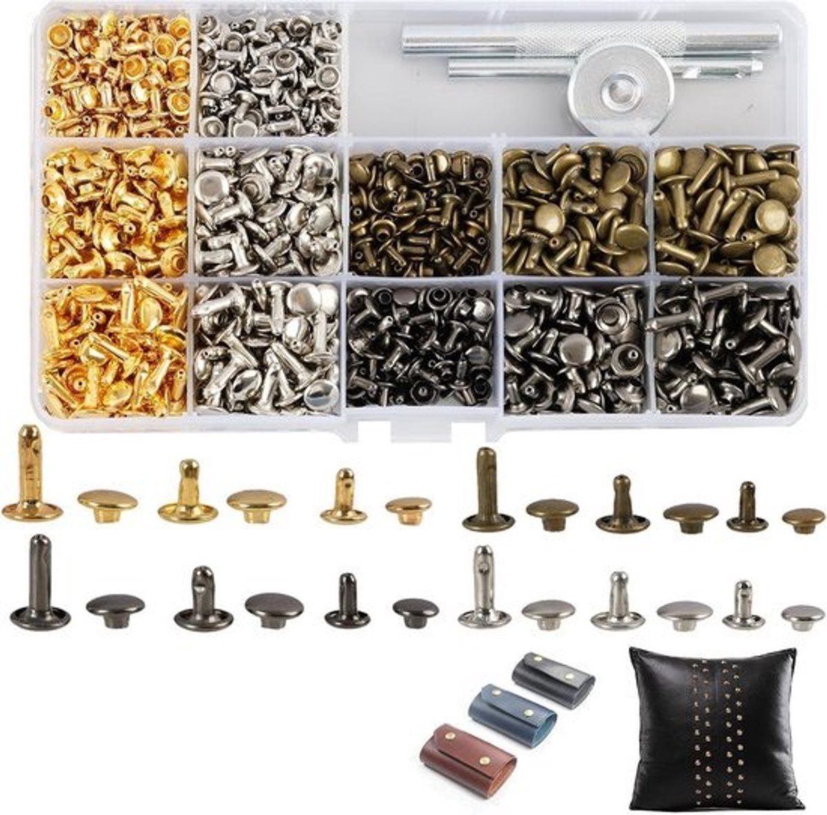 Grote Set Klinknagels voor Leer, 4 Kleuren Inclusief Montagetools