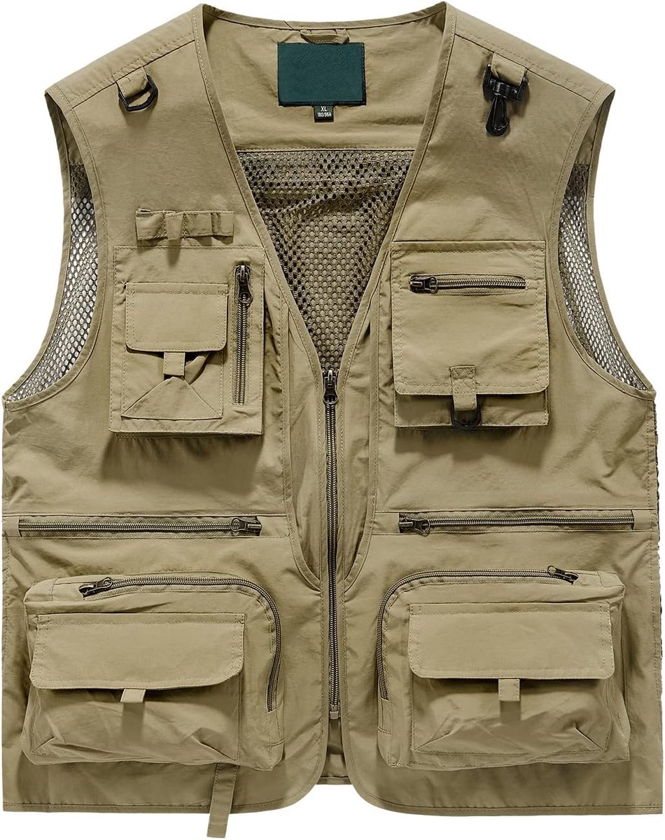 meerdere zakken visvest mouwloos ademend mesh vest voor jachtfotografie, Kaki, XL