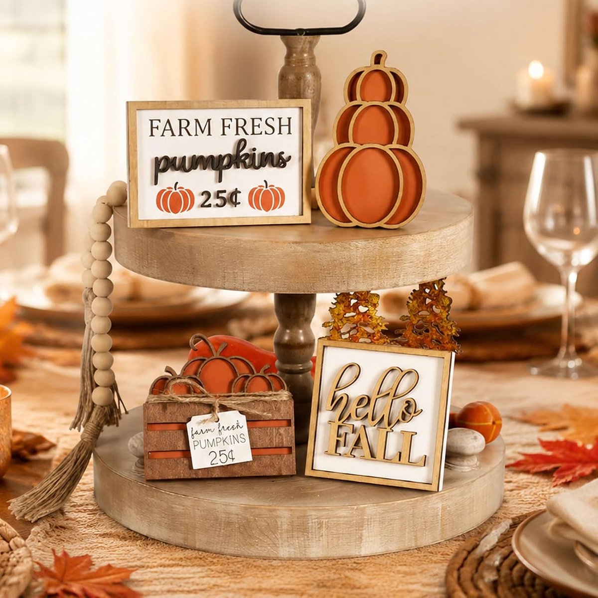 5-delige herfsttafeldecoratie: houten pompoen, kralenslinger
